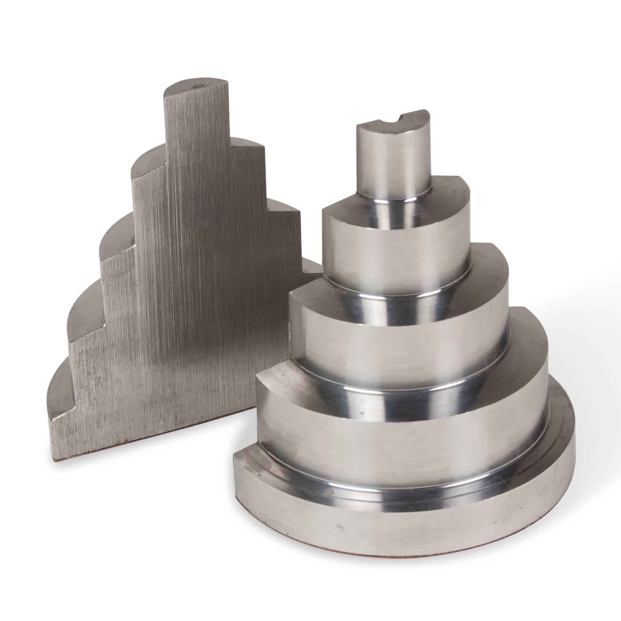 Mid-20th Century Solid Machined Steel Stepped Bookends, Pair