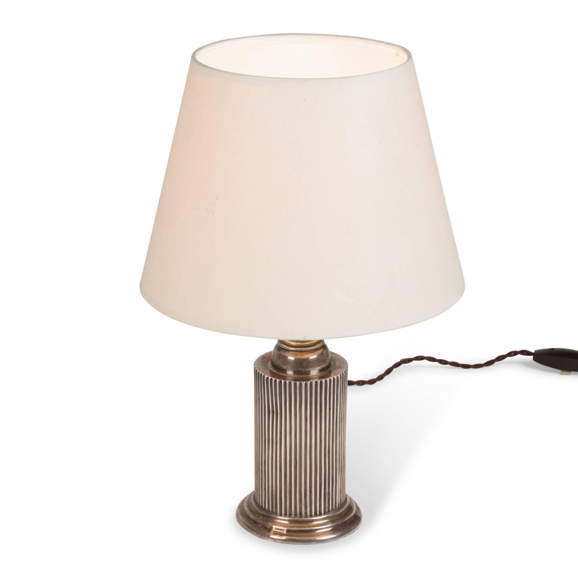 Art Deco Silver Plate Fluted Column Table Lamp, French, 1930s