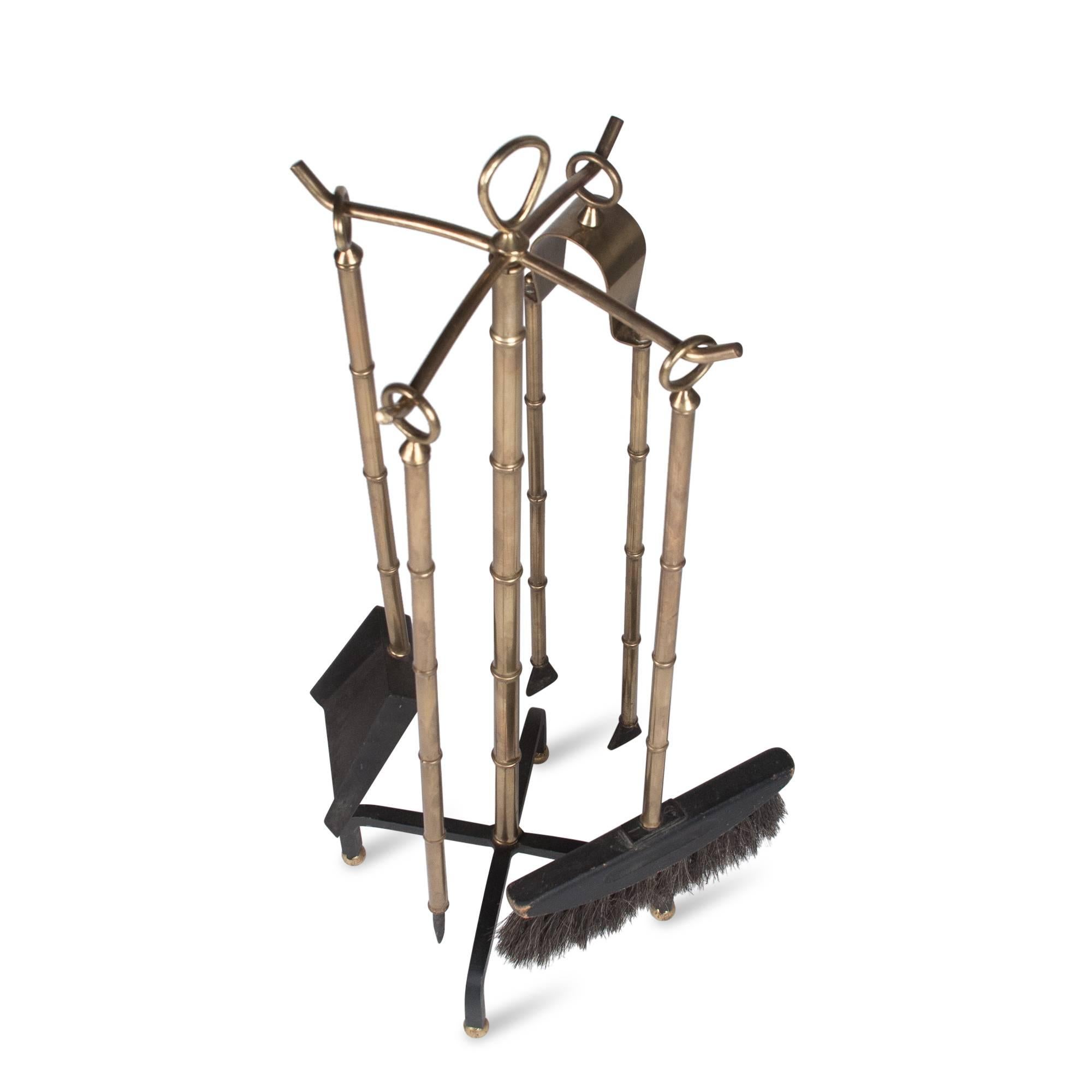 Mid-20th Century Jacques Adnet Faux Bamboo Fire Tool Set