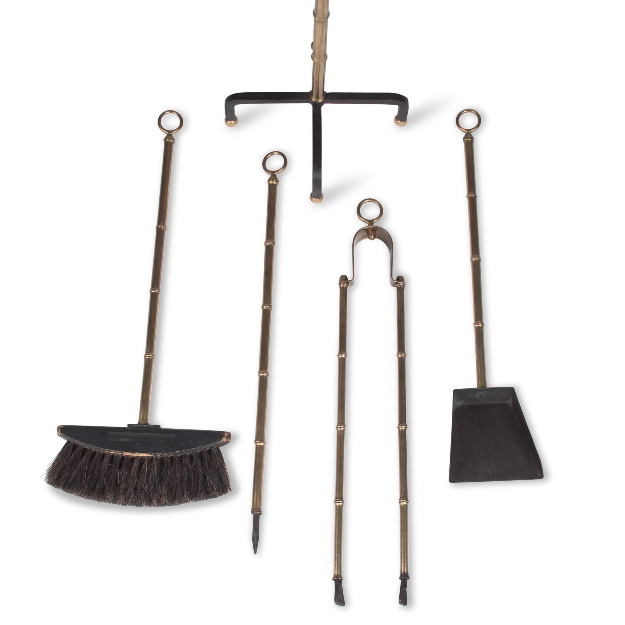 Iron Jacques Adnet Faux Bamboo Fire Tool Set