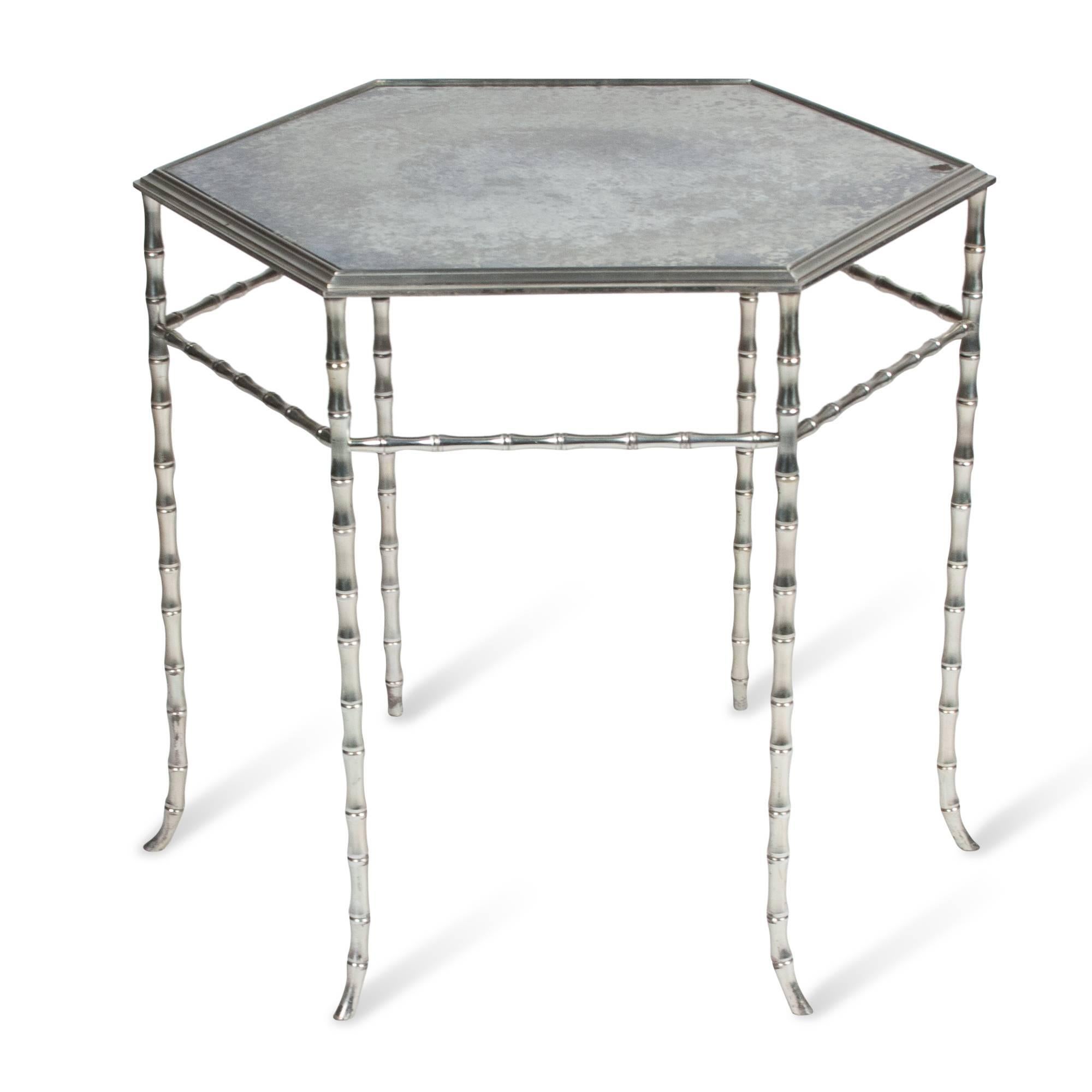 French Hexagonal Chrome Table with Antiqued Mirror Top by Bagues
