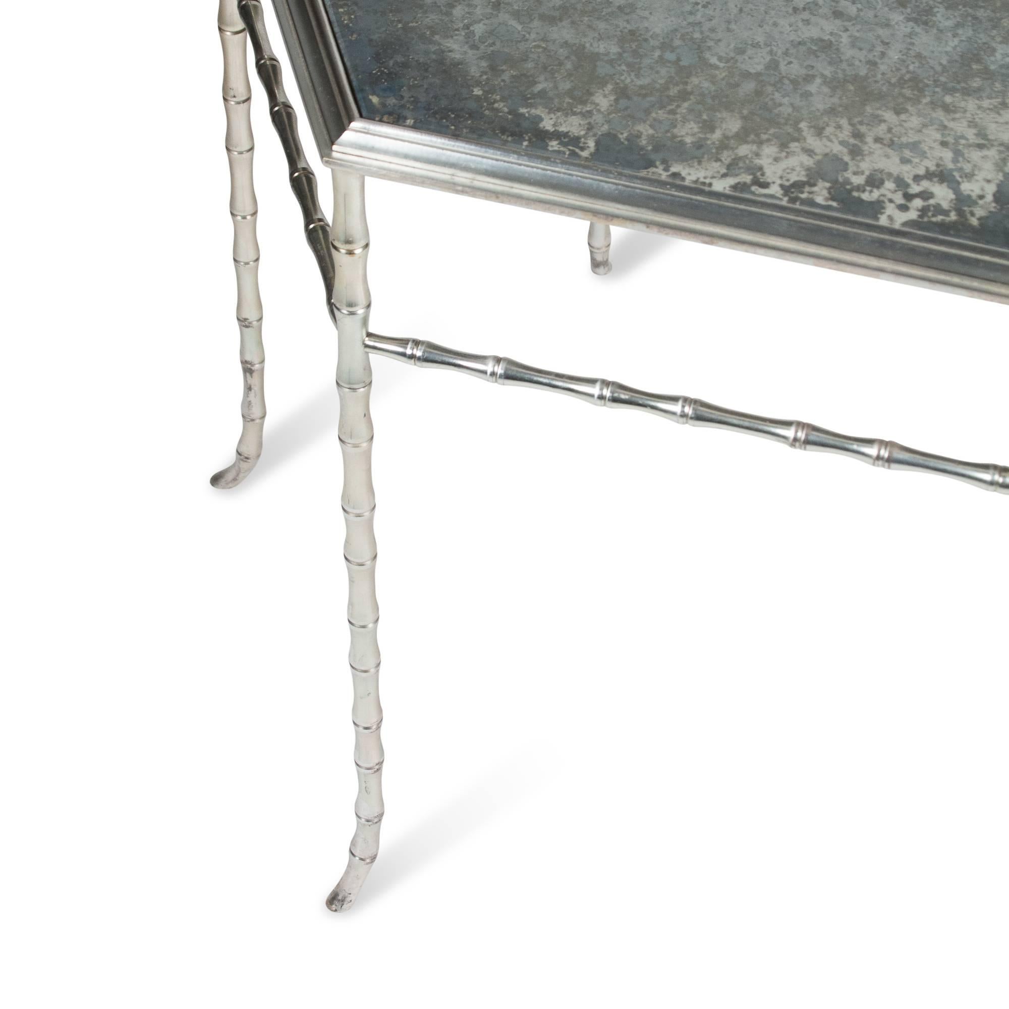Modern Hexagonal Chrome Table with Antiqued Mirror Top by Bagues