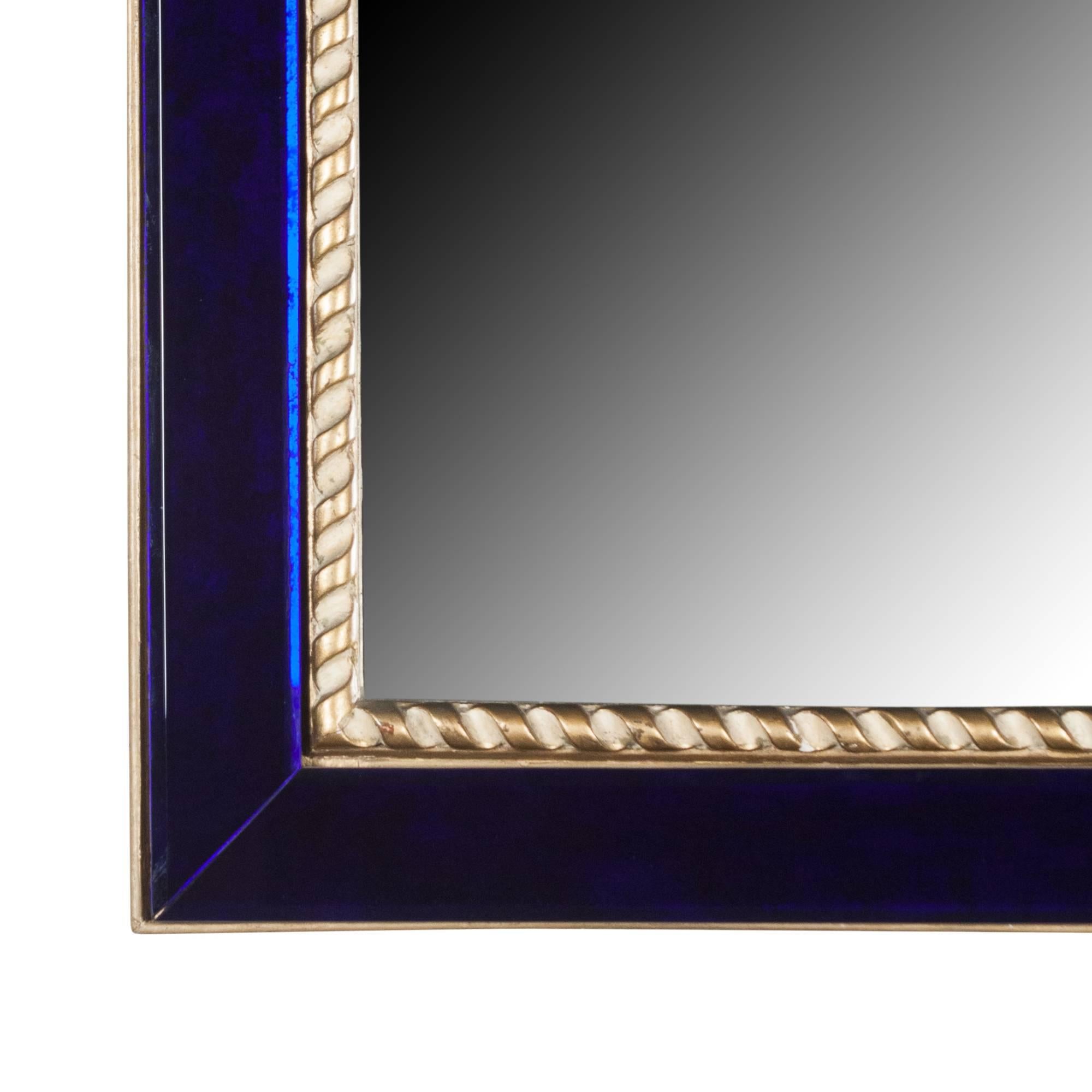 French Blue Glass Frame Wall Mirror with Gilt Rope Border, by Pierre Lardin
