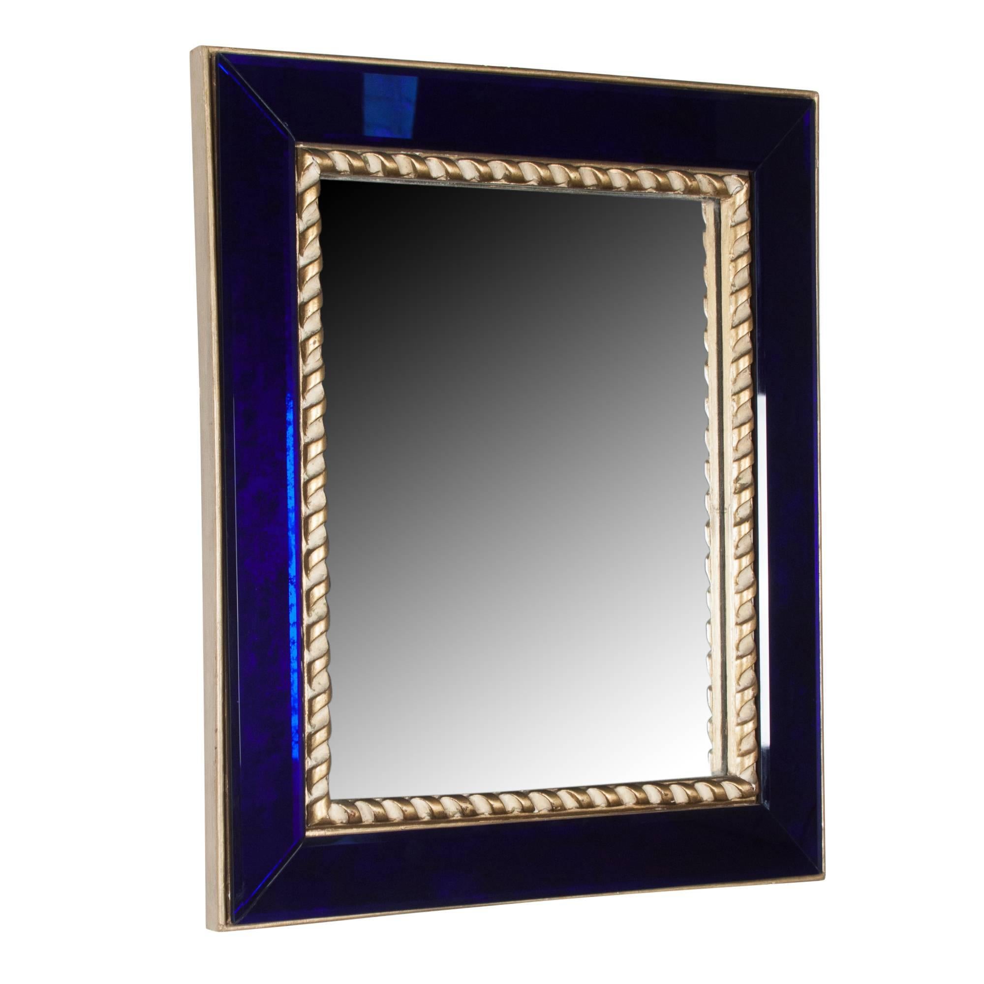 Art Deco Blue Glass Frame Wall Mirror with Gilt Rope Border, by Pierre Lardin