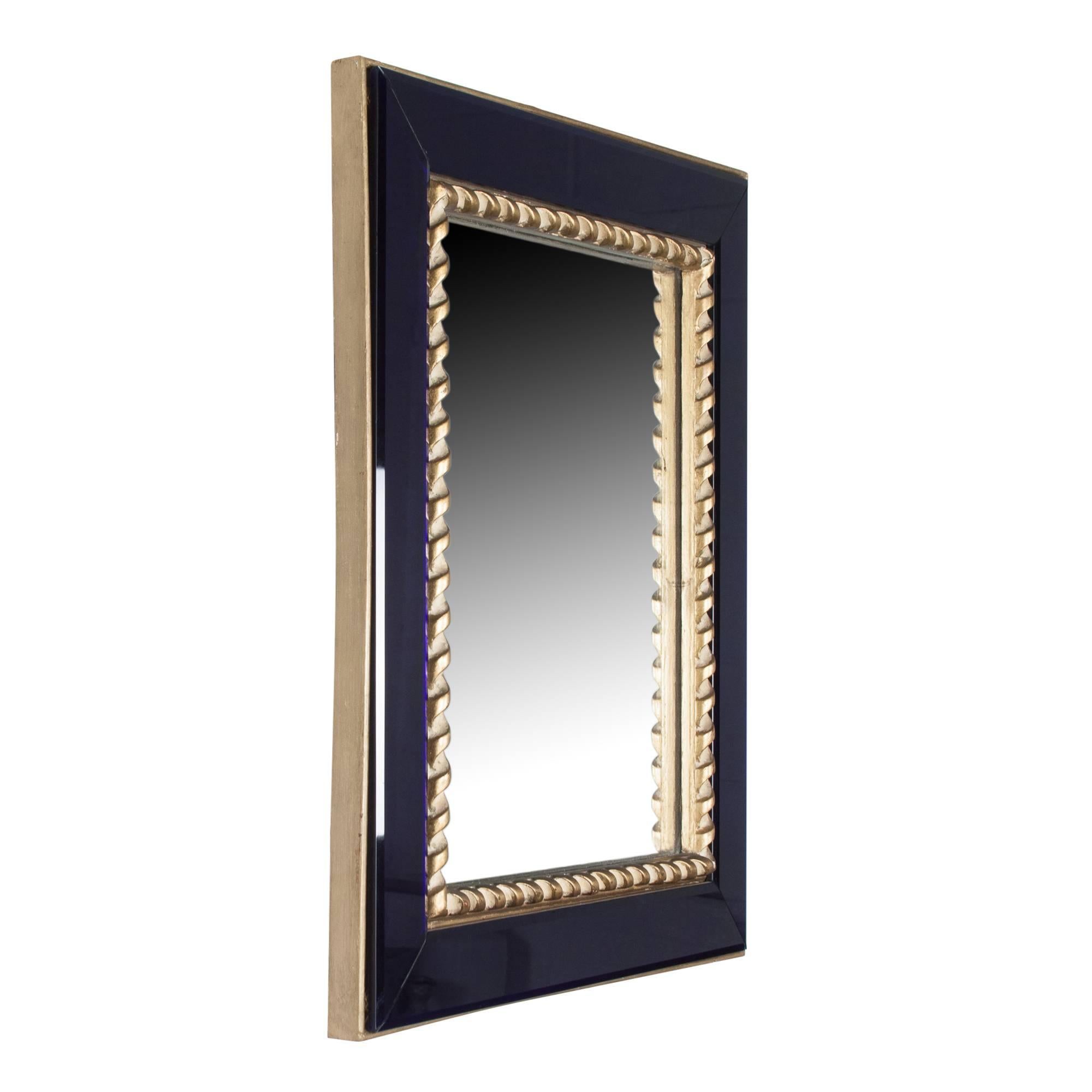 Blue Glass Frame Wall Mirror with Gilt Rope Border, by Pierre Lardin In Excellent Condition In Brooklyn, NY