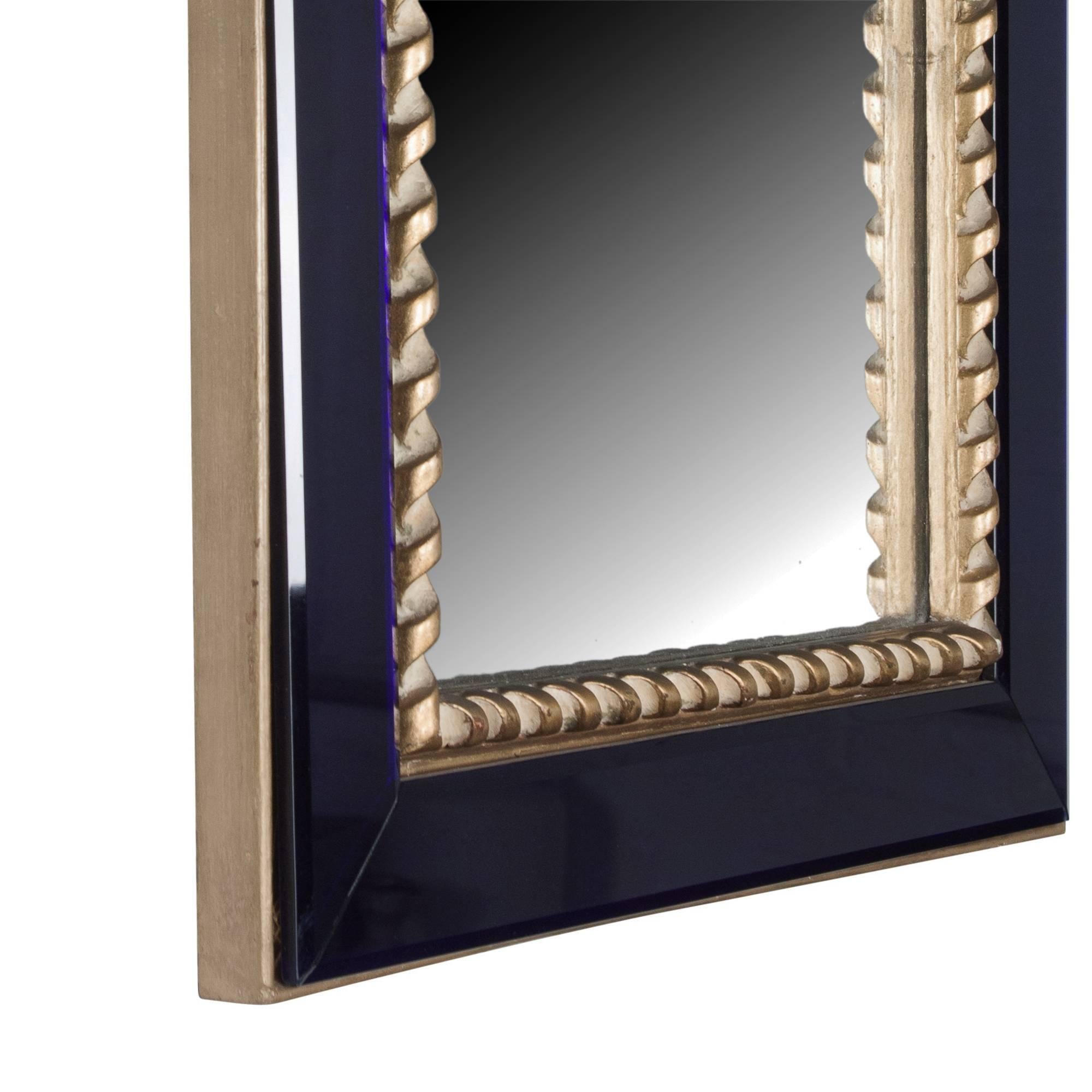 Mid-20th Century Blue Glass Frame Wall Mirror with Gilt Rope Border, by Pierre Lardin