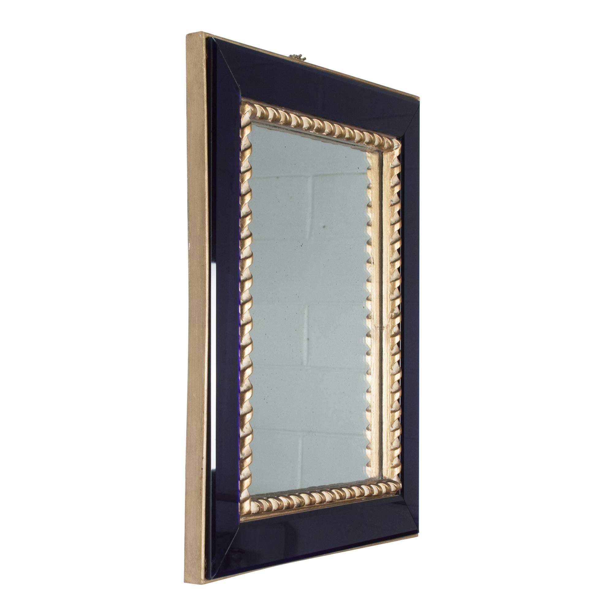 Blue Glass Frame Wall Mirror with Gilt Rope Border, by Pierre Lardin 1