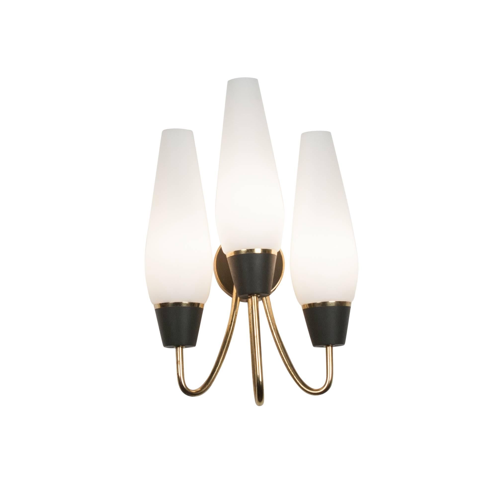 Modern Pair of Three-Arm Frosted Glass Wall Sconces For Sale