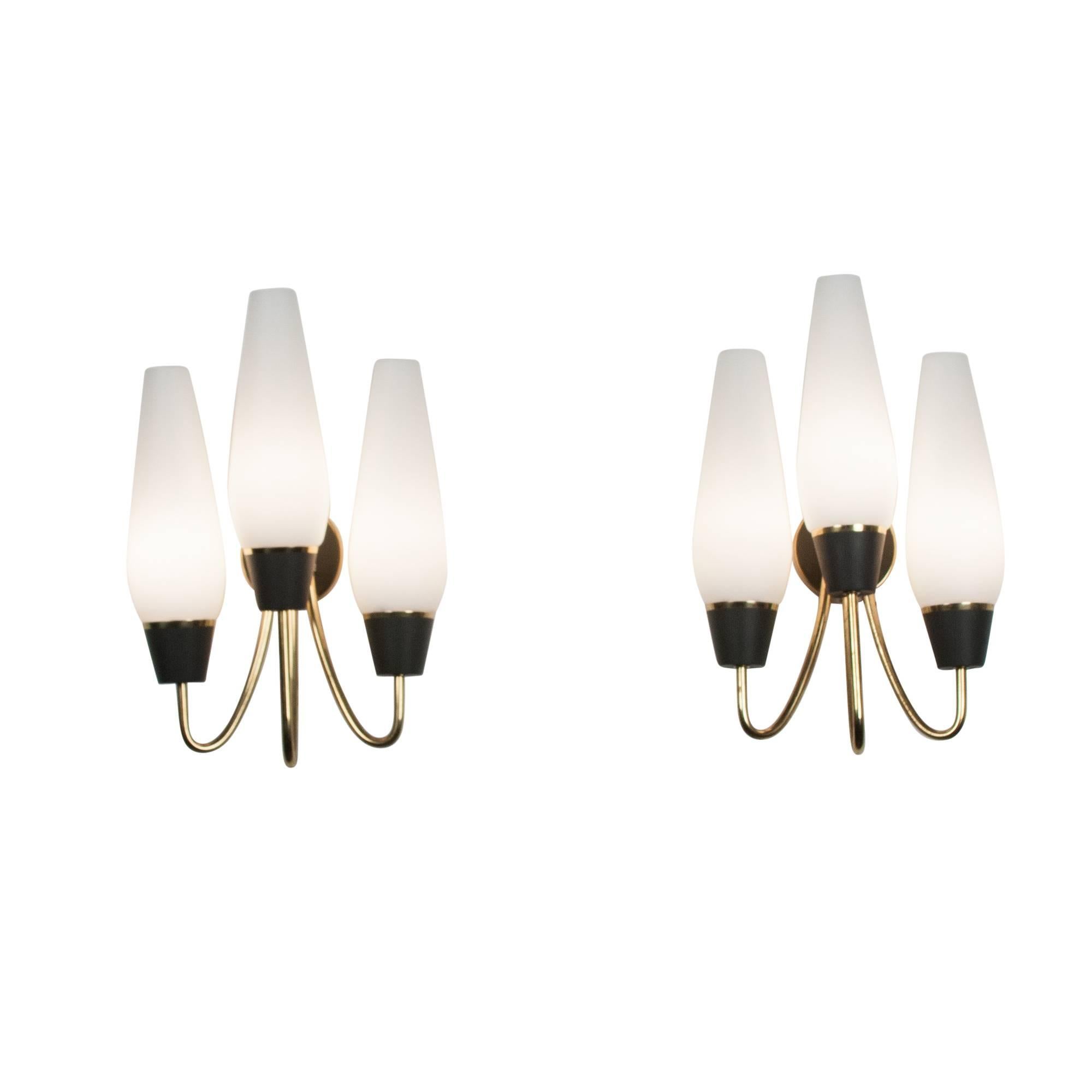 Mid-20th Century Pair of Three-Arm Frosted Glass Wall Sconces For Sale