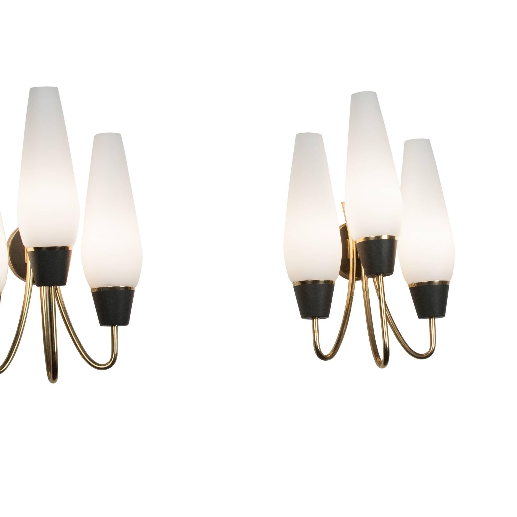 German Pair of Three-Arm Frosted Glass Wall Sconces For Sale