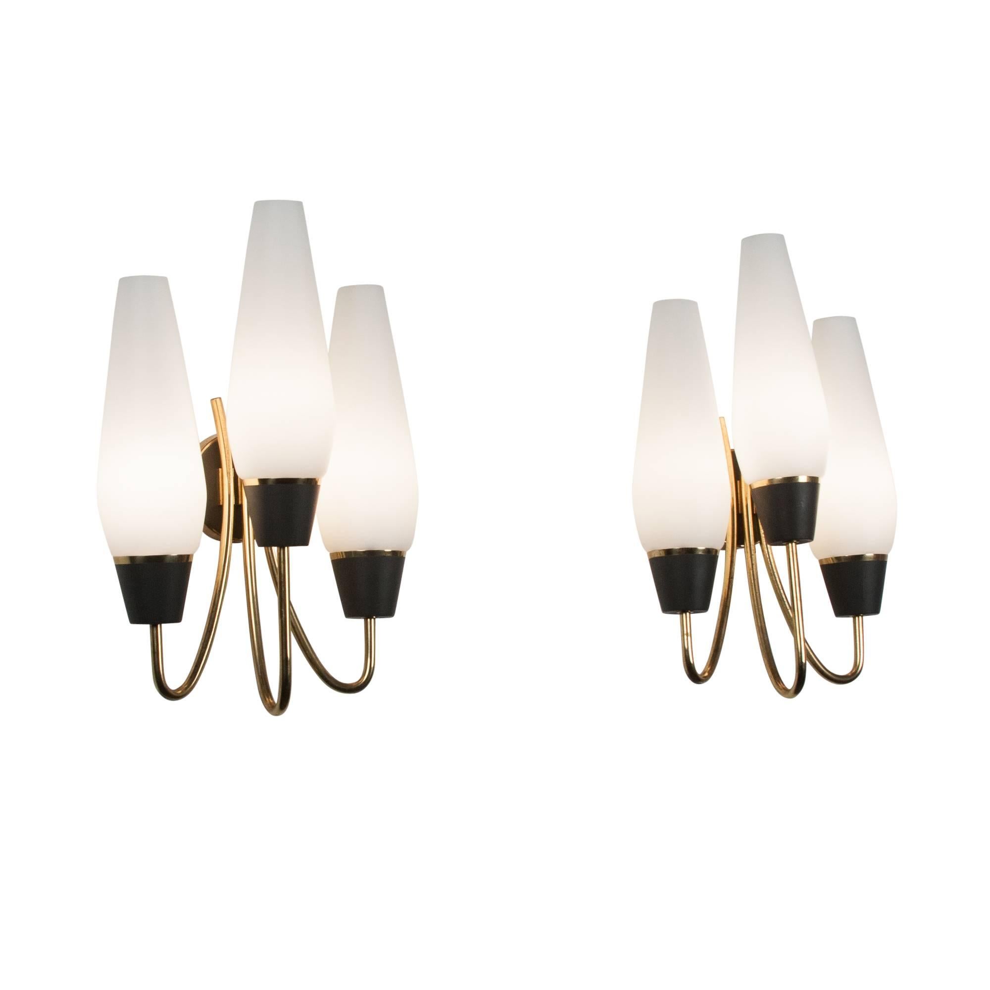 Pair of Three-Arm Frosted Glass Wall Sconces In Excellent Condition For Sale In Brooklyn, NY