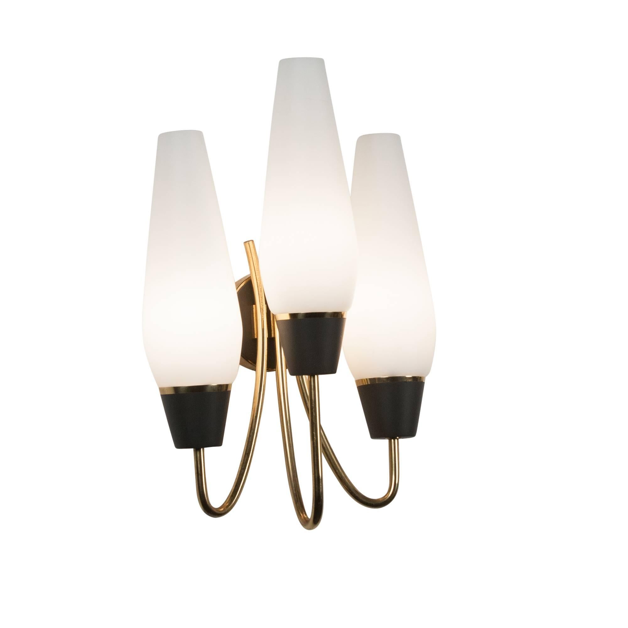 Metal Pair of Three-Arm Frosted Glass Wall Sconces For Sale