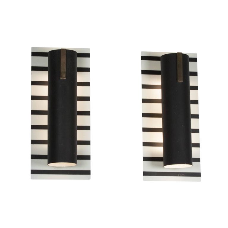 Pair of Black Stripe Painted Metal Wall Sconces, French, 1960s For Sale at 1stdibs