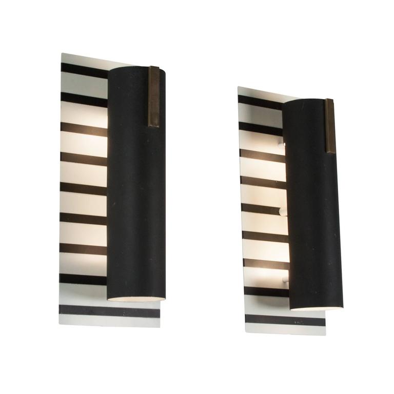 Pair of Black Stripe Painted Metal Wall Sconces, French, 1960s For Sale at 1stdibs