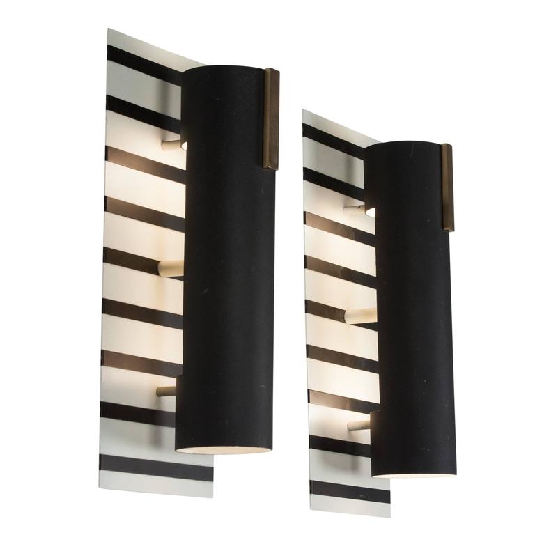 Pair of Black Stripe Painted Metal Wall Sconces, French, 1960s For Sale at 1stdibs