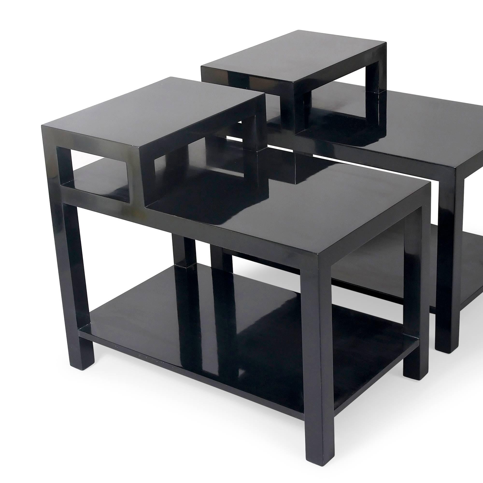 American Pair of Black Lacquered Stepped End Tables by Gibbings for Widdicomb
