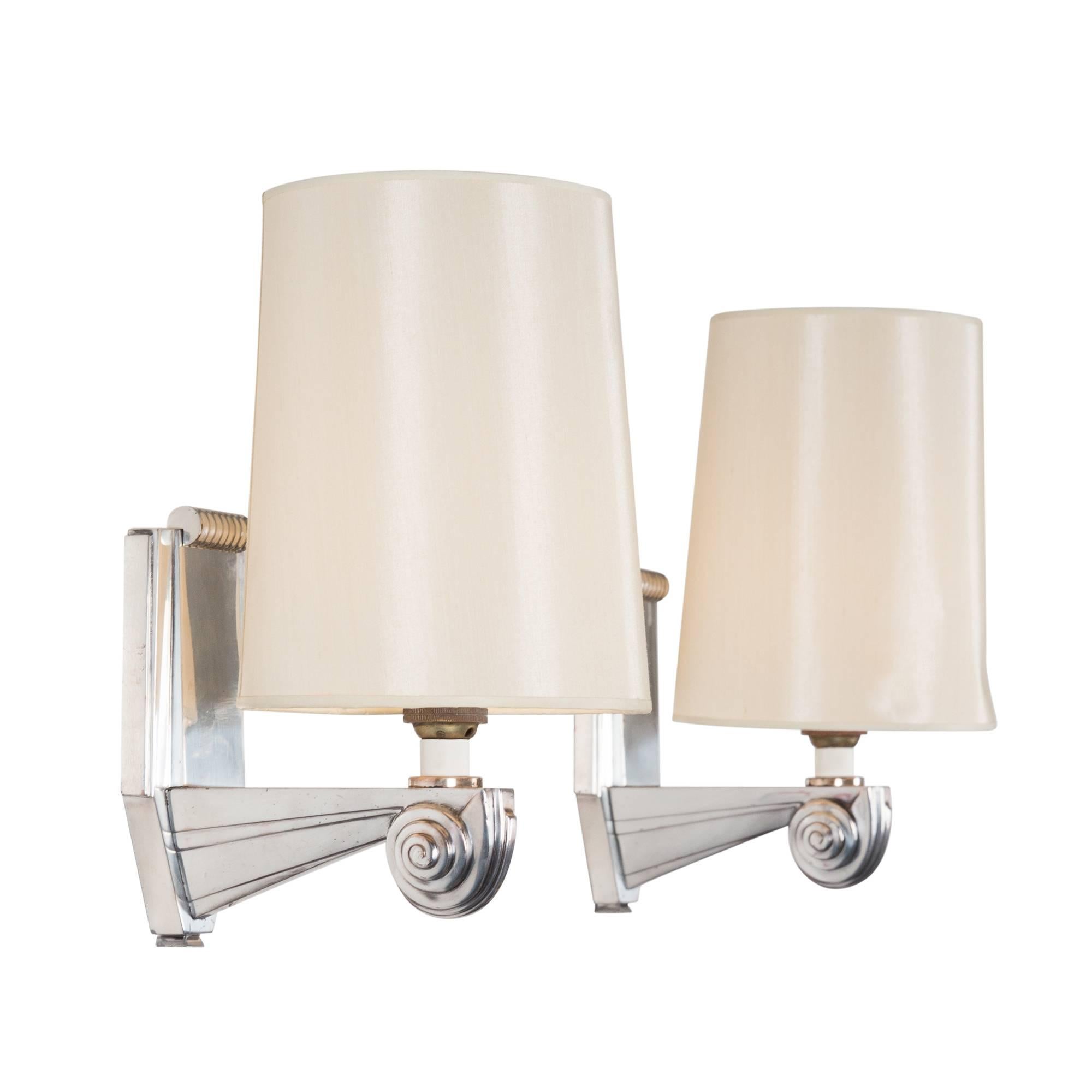 Linen Pair of Nickeled Bronze Scroll Sconces, French, 1930s