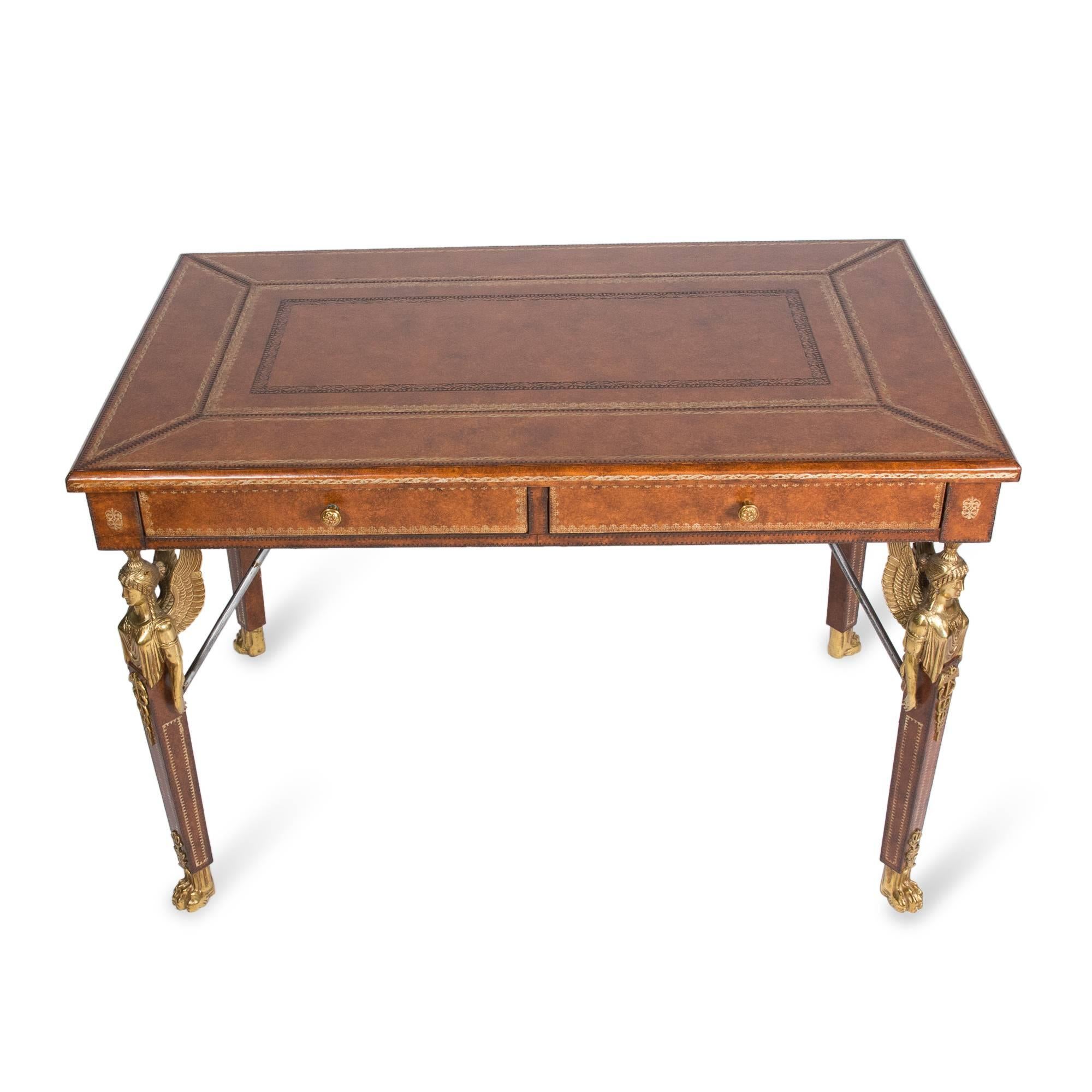Modern Gilt Tooled Leather Two-Drawer Desk by Maitland Smith For Sale