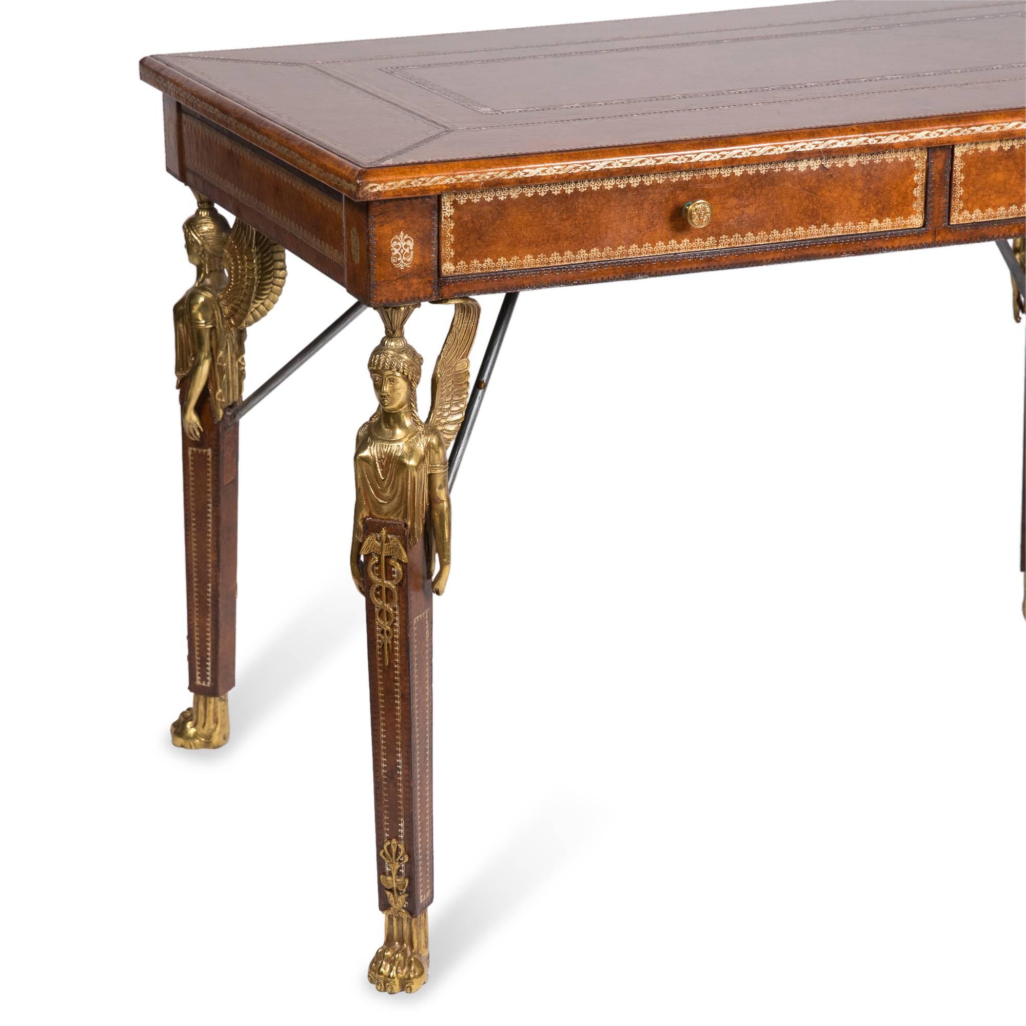 English Gilt Tooled Leather Two-Drawer Desk by Maitland Smith For Sale