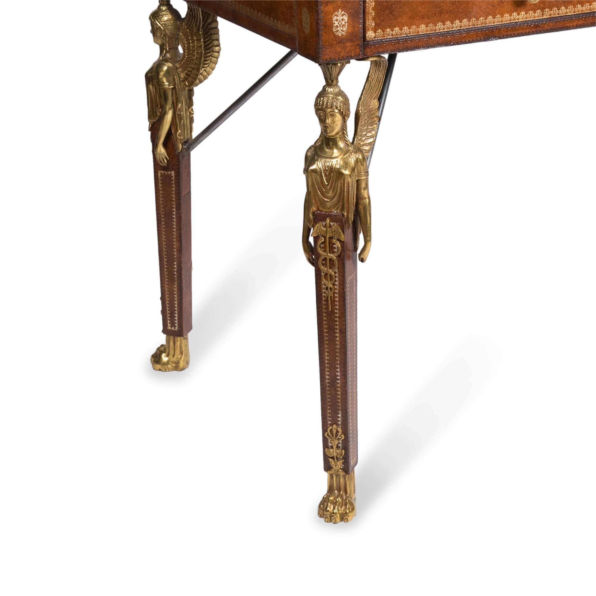 Gilt Tooled Leather Two-Drawer Desk by Maitland Smith In Excellent Condition For Sale In Brooklyn, NY