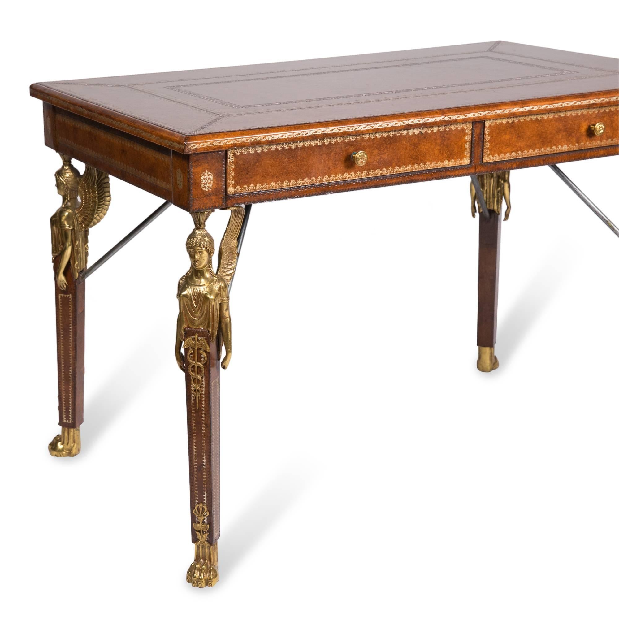 Mid-20th Century Gilt Tooled Leather Two-Drawer Desk by Maitland Smith For Sale