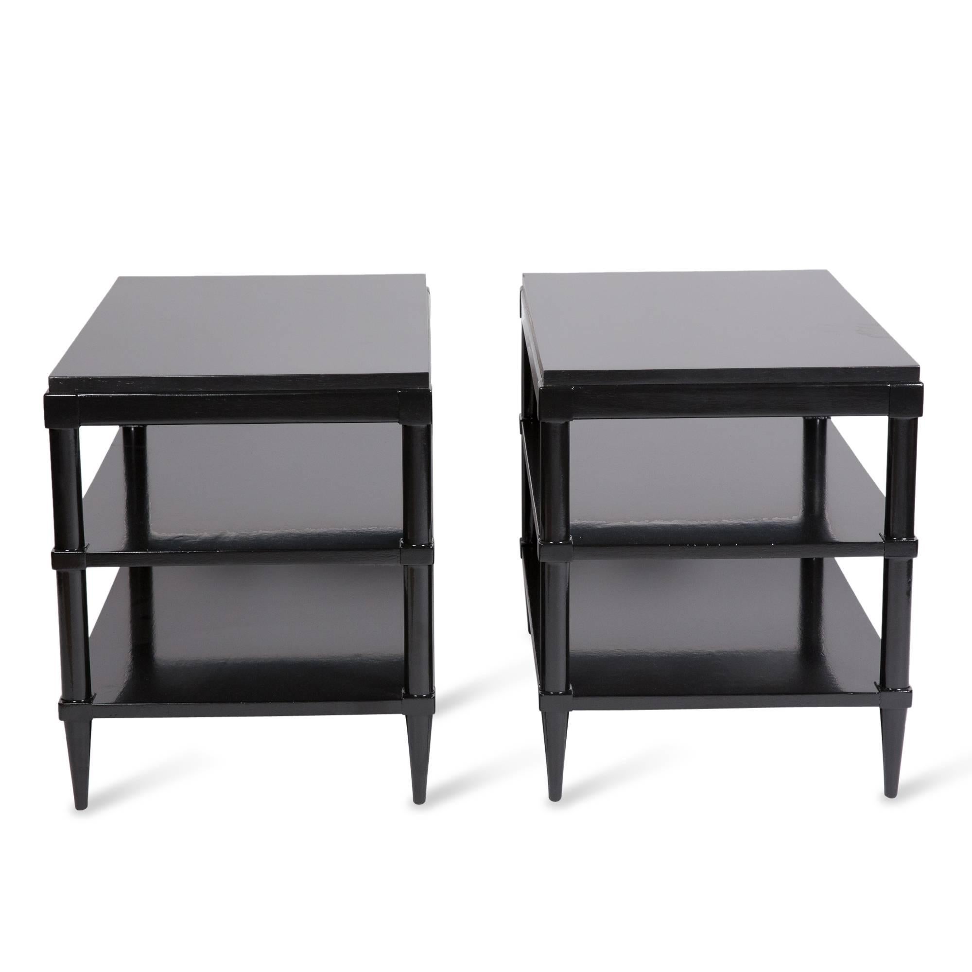 Mid-Century Modern Pair of Black Lacquered Three-Tier End Tables For Sale