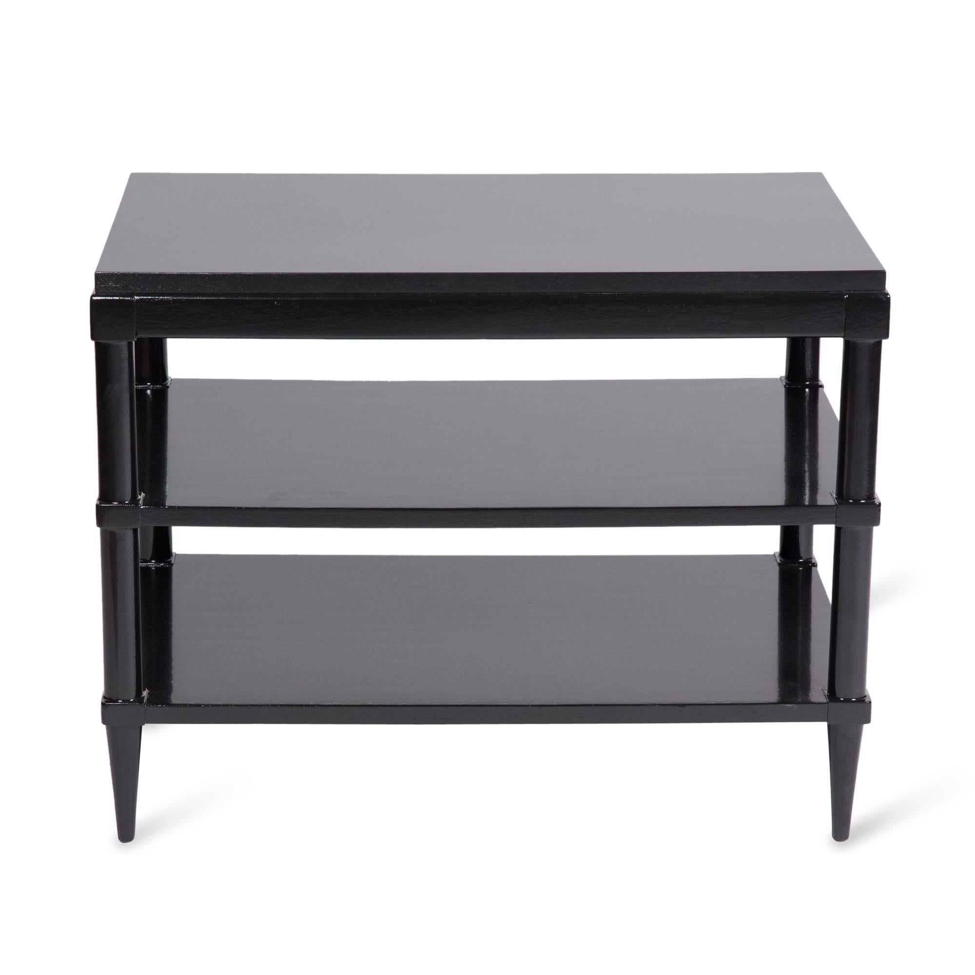American Pair of Black Lacquered Three-Tier End Tables For Sale