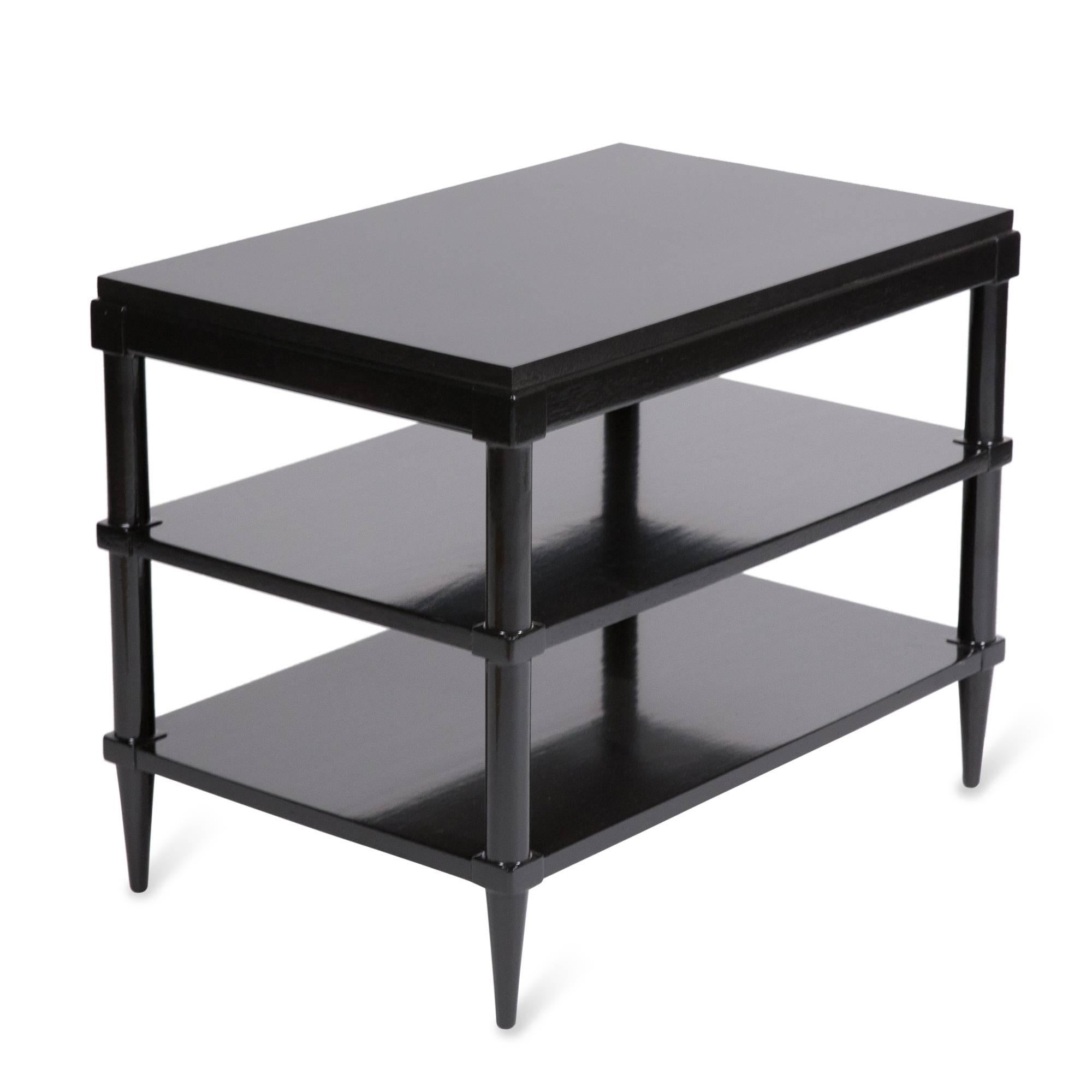 Pair of Black Lacquered Three-Tier End Tables In Excellent Condition For Sale In Brooklyn, NY