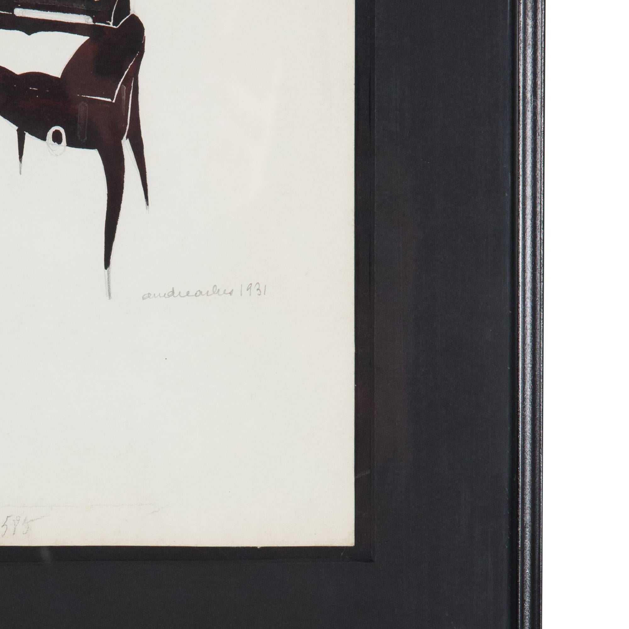 Ink and watercolor on paper, A Secretary, by Andre Arbus, France, 1931. Signed and dated. Framed height 17 1/4 in, width 13 3/4 in, depth 1 1/4 in. (sats)