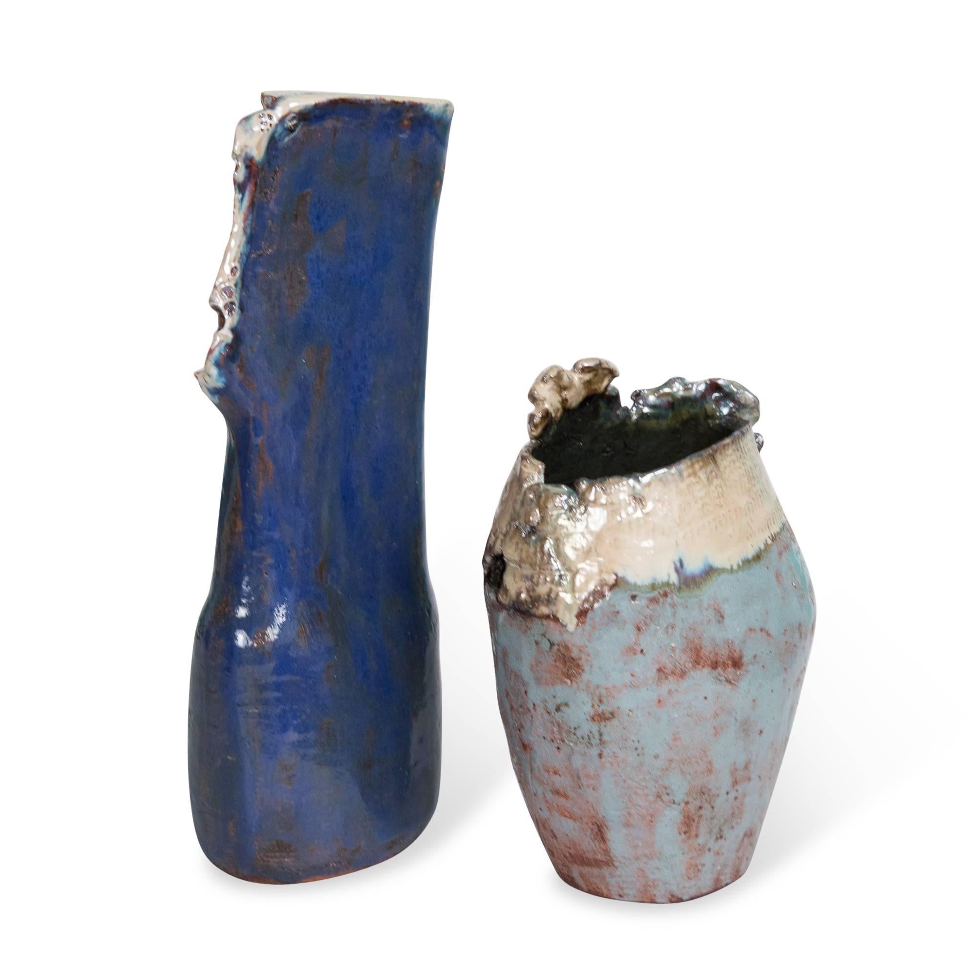 French Two Handbuilt Ceramic Vases by Juliette Derel For Sale