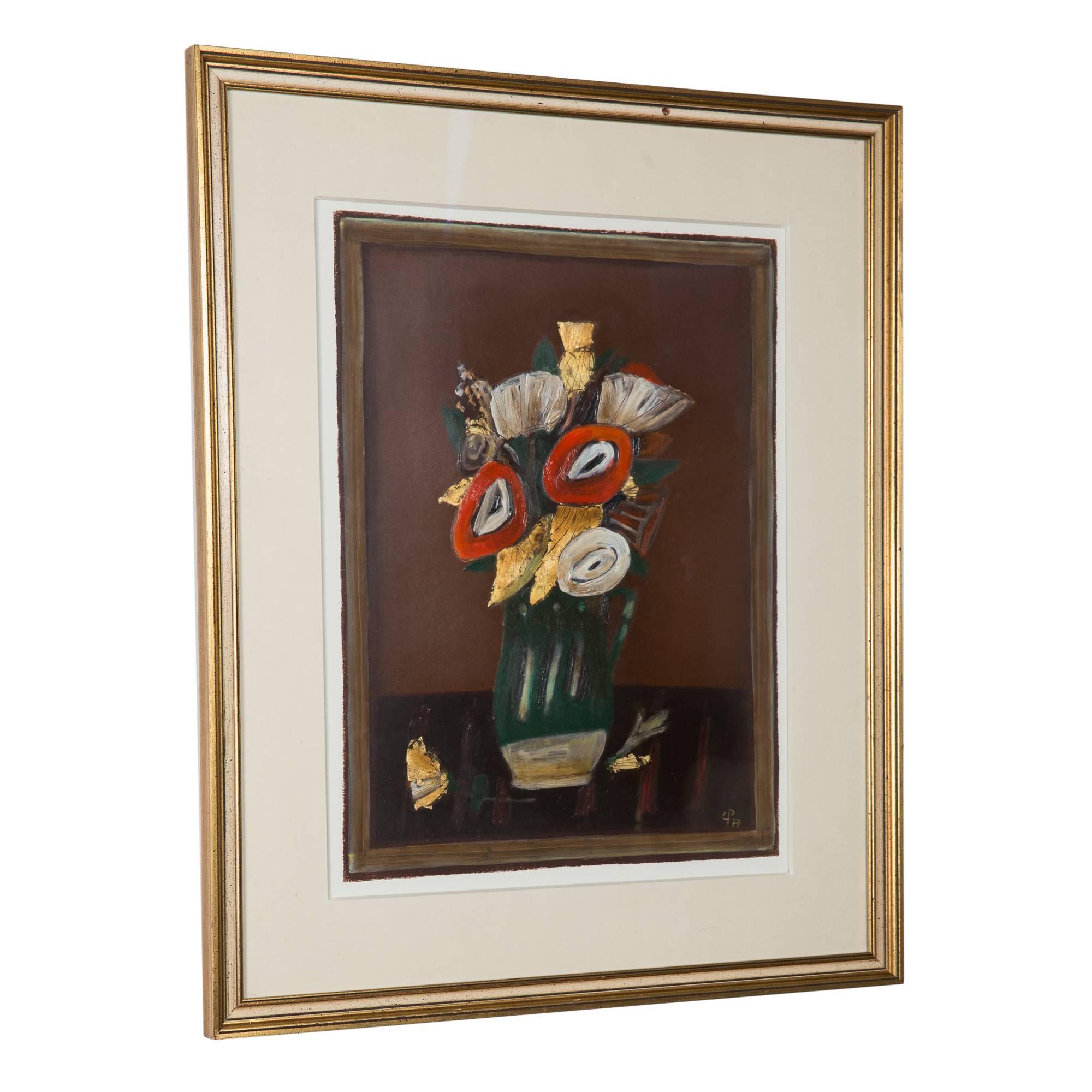 Oil on paper, still life, by Corneliu Petrescu (Romanian, 1925-2009). Dated lower right 77. Frame size: 25 1/2 in high, 21 1/2 in wide. Image size 18 1/2 in high, 14 3/8 in wide.
 