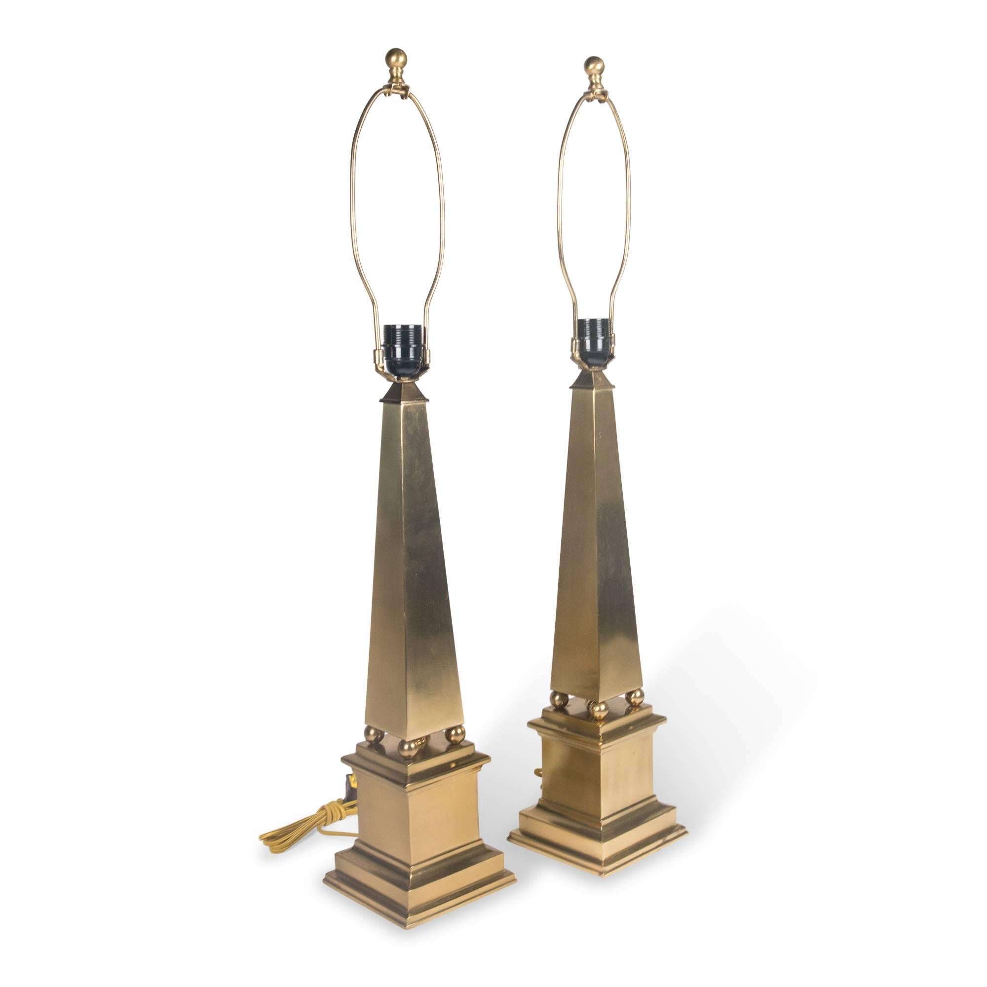 Brass Obelisk Table Lamps by Marbro, American, 1960s In Excellent Condition In Brooklyn, NY