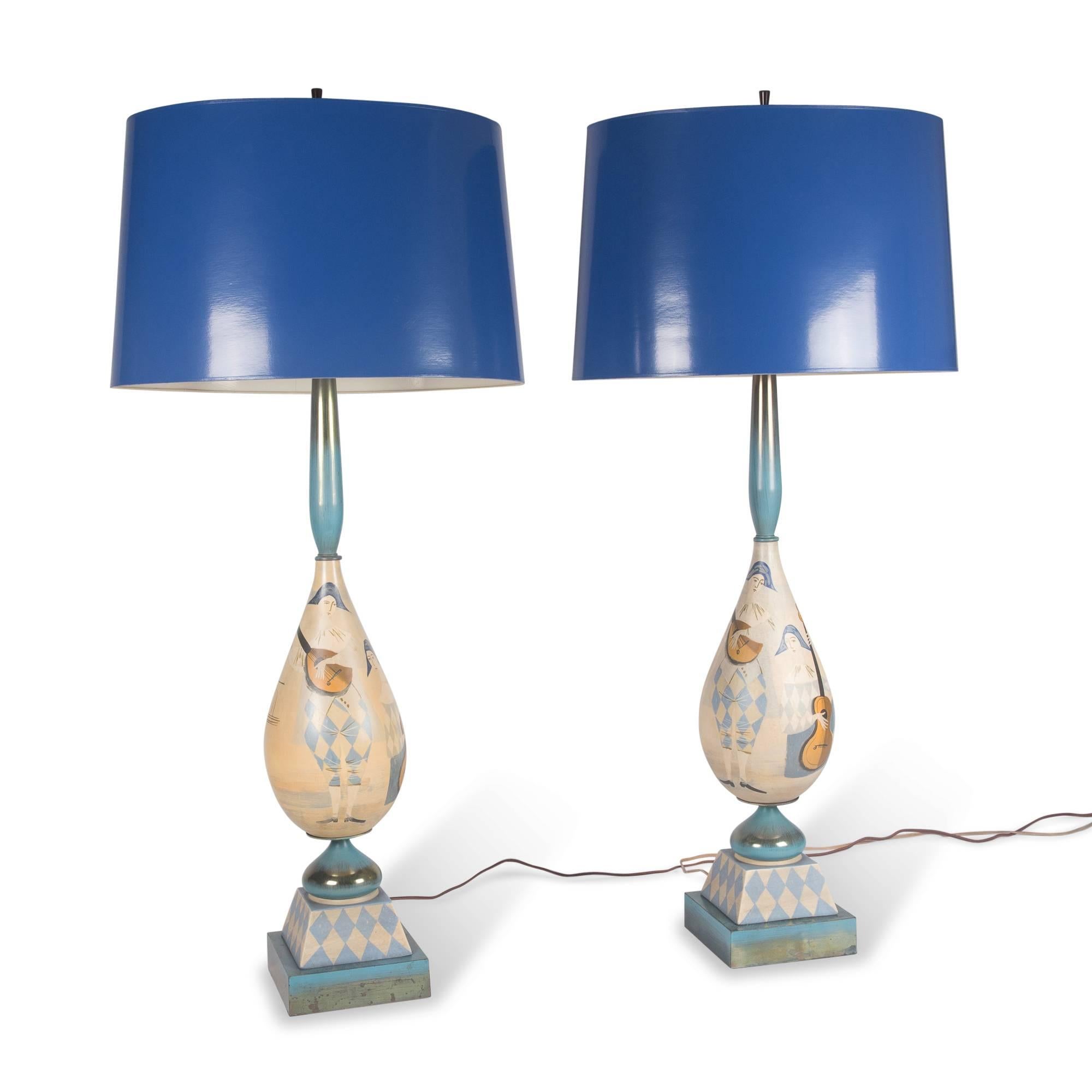 Modern Italian Hand-Painted Wood Table Lamps, 1930s For Sale