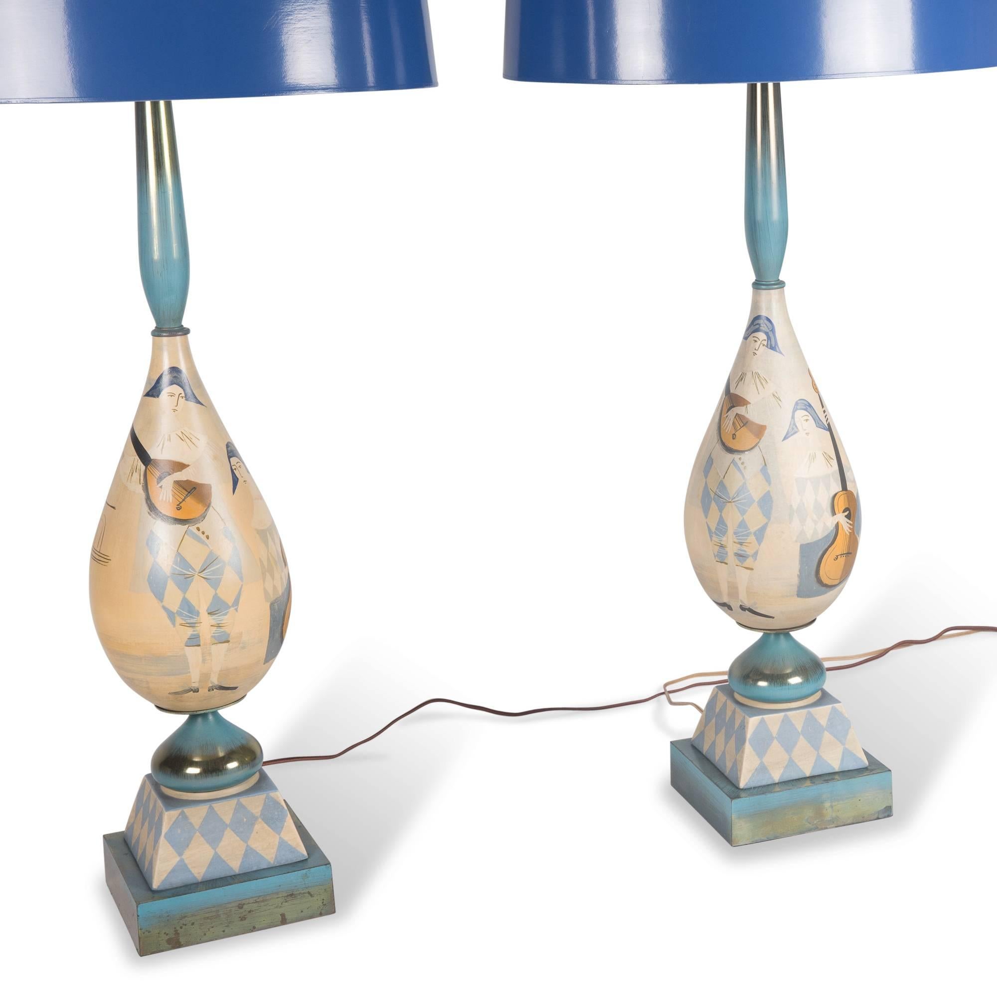 Mid-20th Century Italian Hand-Painted Wood Table Lamps, 1930s For Sale