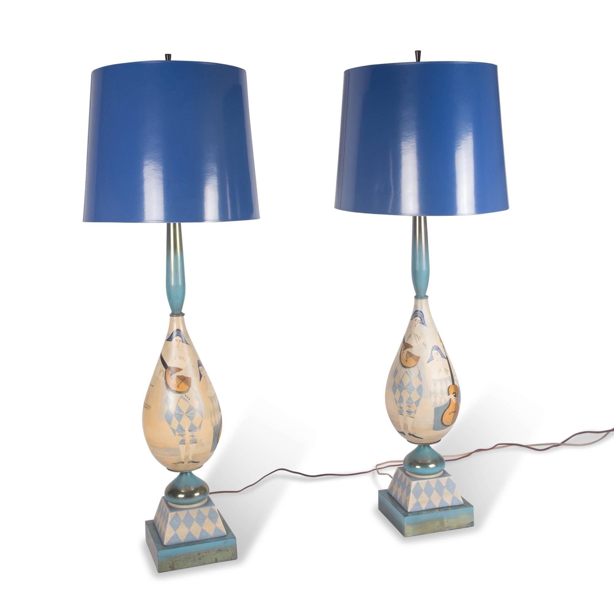 Italian Hand-Painted Wood Table Lamps, 1930s For Sale 1
