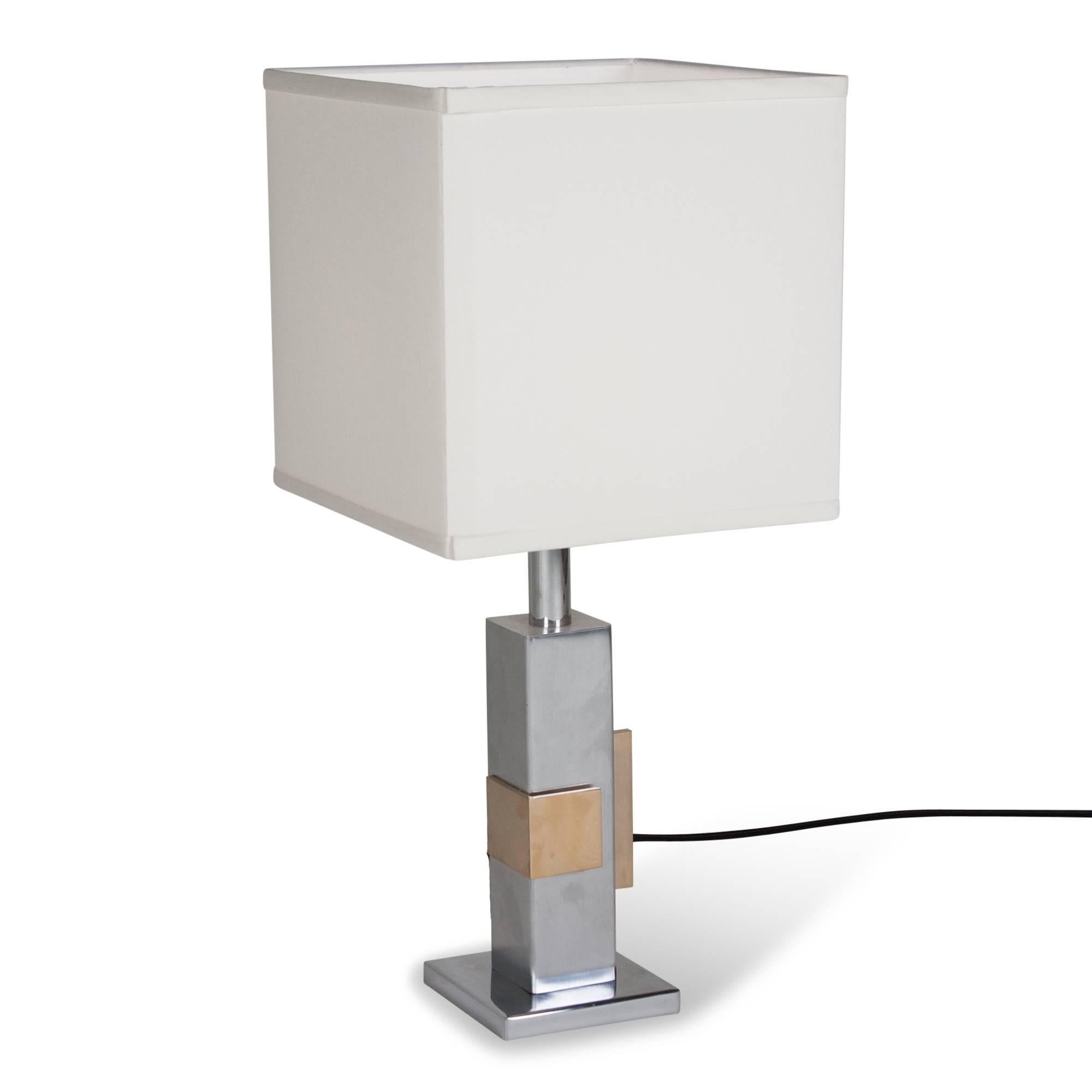 Modern Geometric Chrome and Bronze Table Lamp, French, 1970s