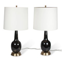 Black Glazed Ceramic Urn Form Table Lamps, American, 1960s
