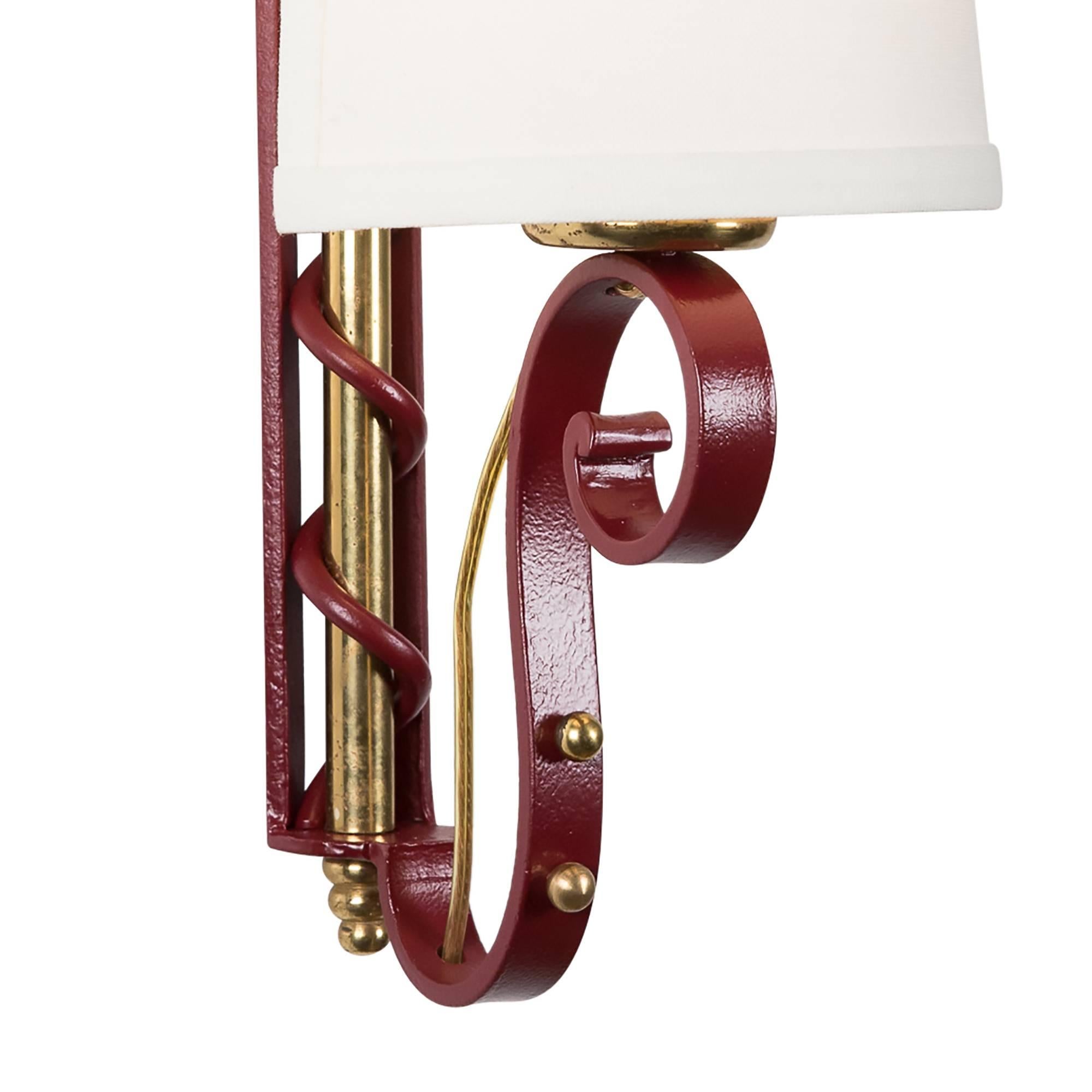 Mid-20th Century Pair of Red Lacquered Iron Sconces, French, 1950s For Sale