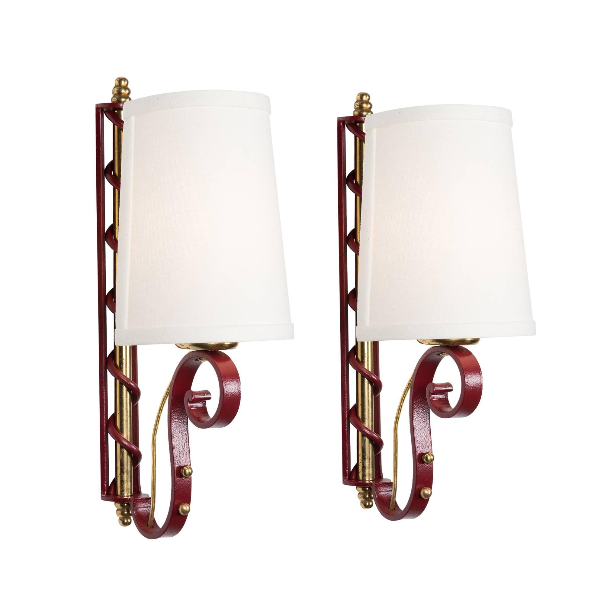 Pair of Red Lacquered Iron Sconces, French, 1950s For Sale 2