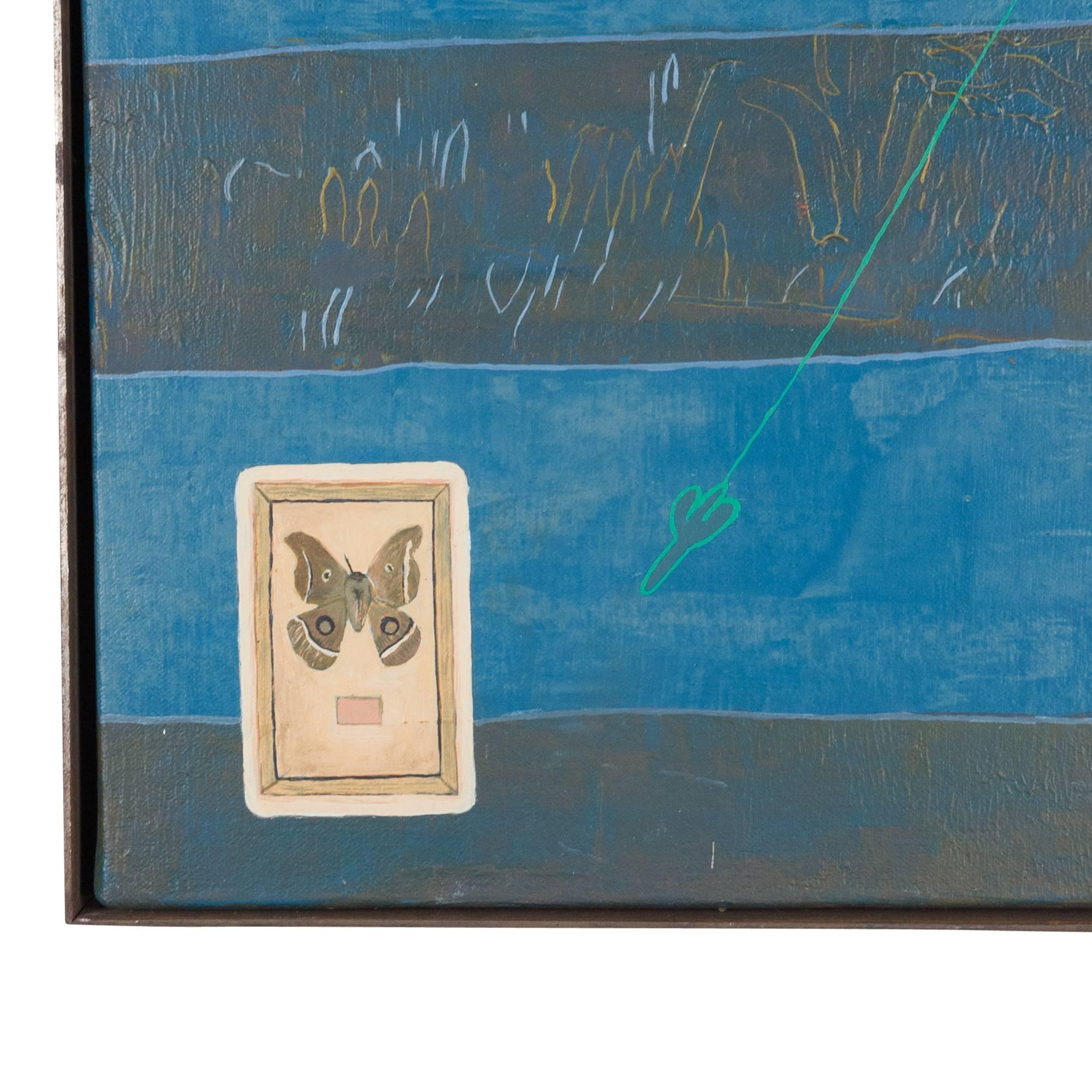 Oil on board, abstract with butterfly stamp by Rachel Harris, United States, late 20th century. In custom steel frame. Measures: Framed 12 1/4 in square, depth 1 1/2 in.