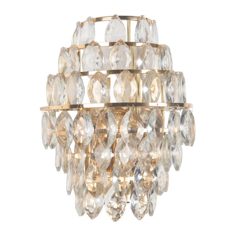 Pair of Hanging Faceted Tiered Crystal Wall Sconces, Austrian, 1960s For Sale at 1stdibs