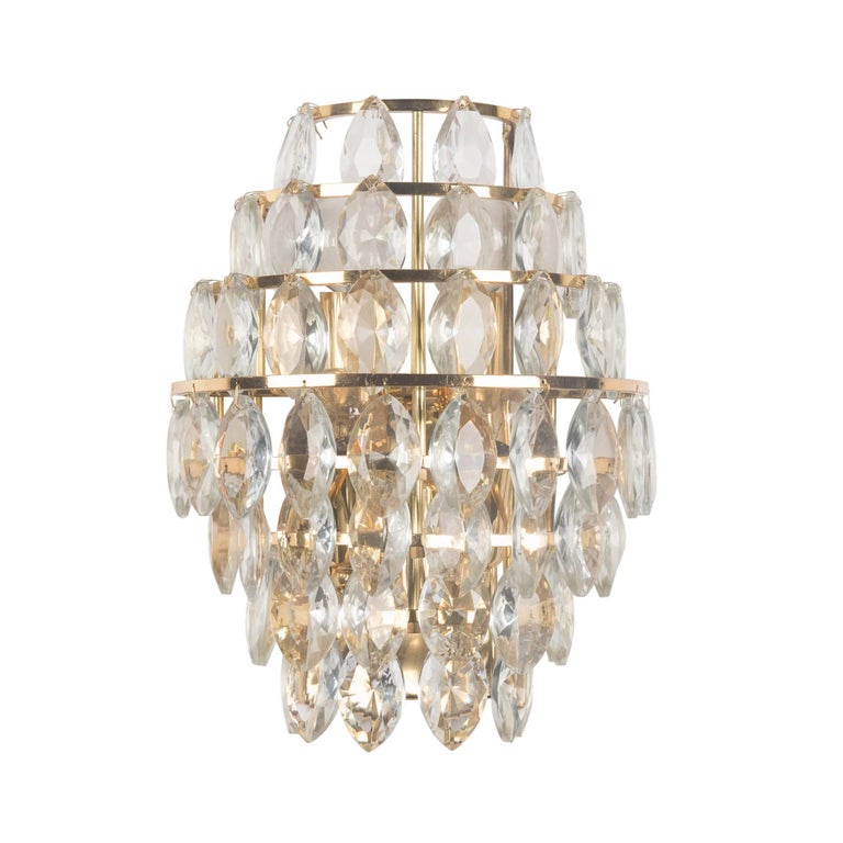 Pair of Hanging Faceted Tiered Crystal Wall Sconces, Austrian, 1960s For Sale at 1stdibs