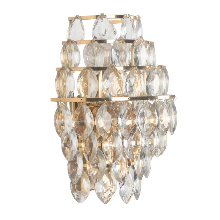 Pair of Hanging Faceted Tiered Crystal Wall Sconces, Austrian, 1960s For Sale at 1stdibs