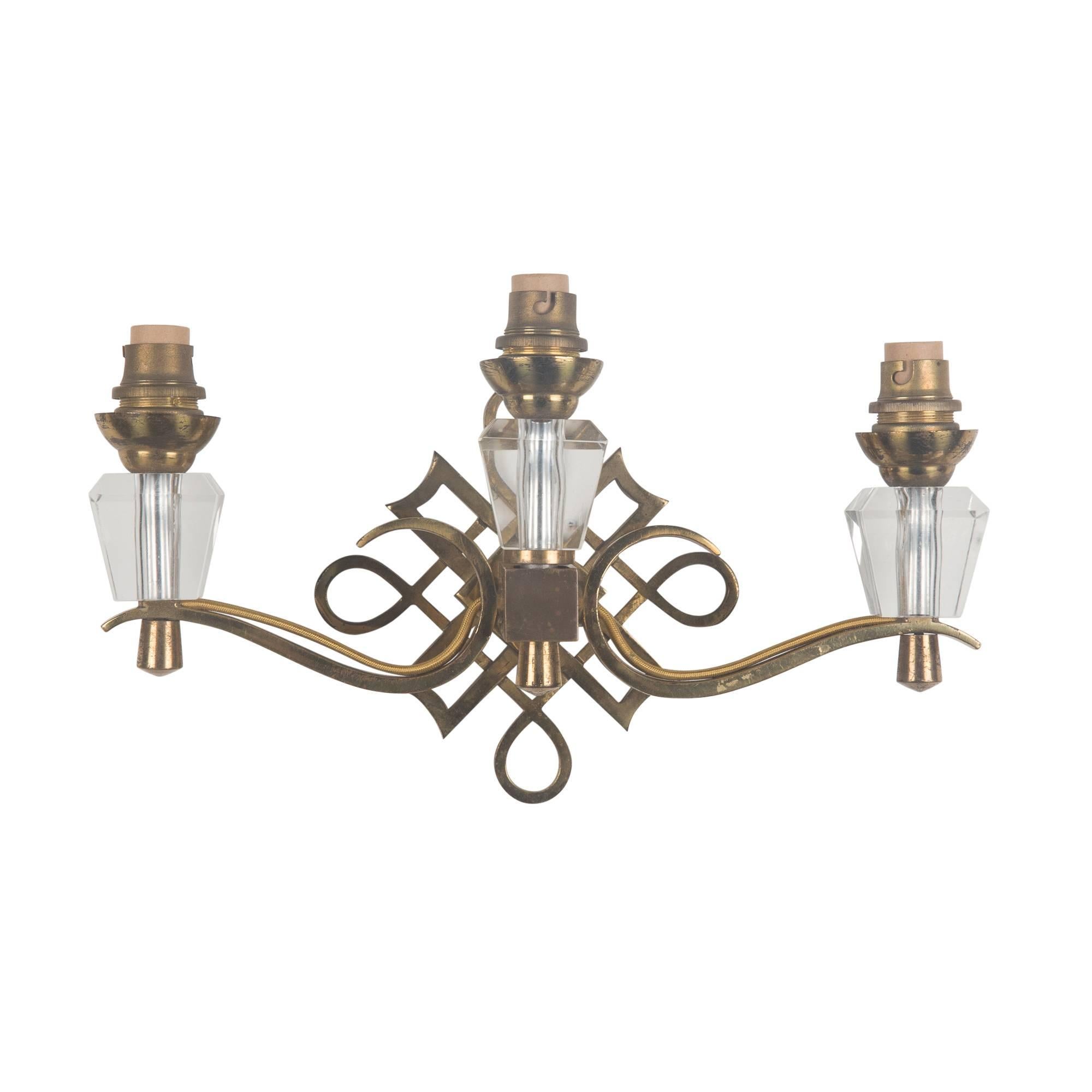 Art Deco Jules Leleu Style Three Light Wall Sconces, French, 1930s For Sale