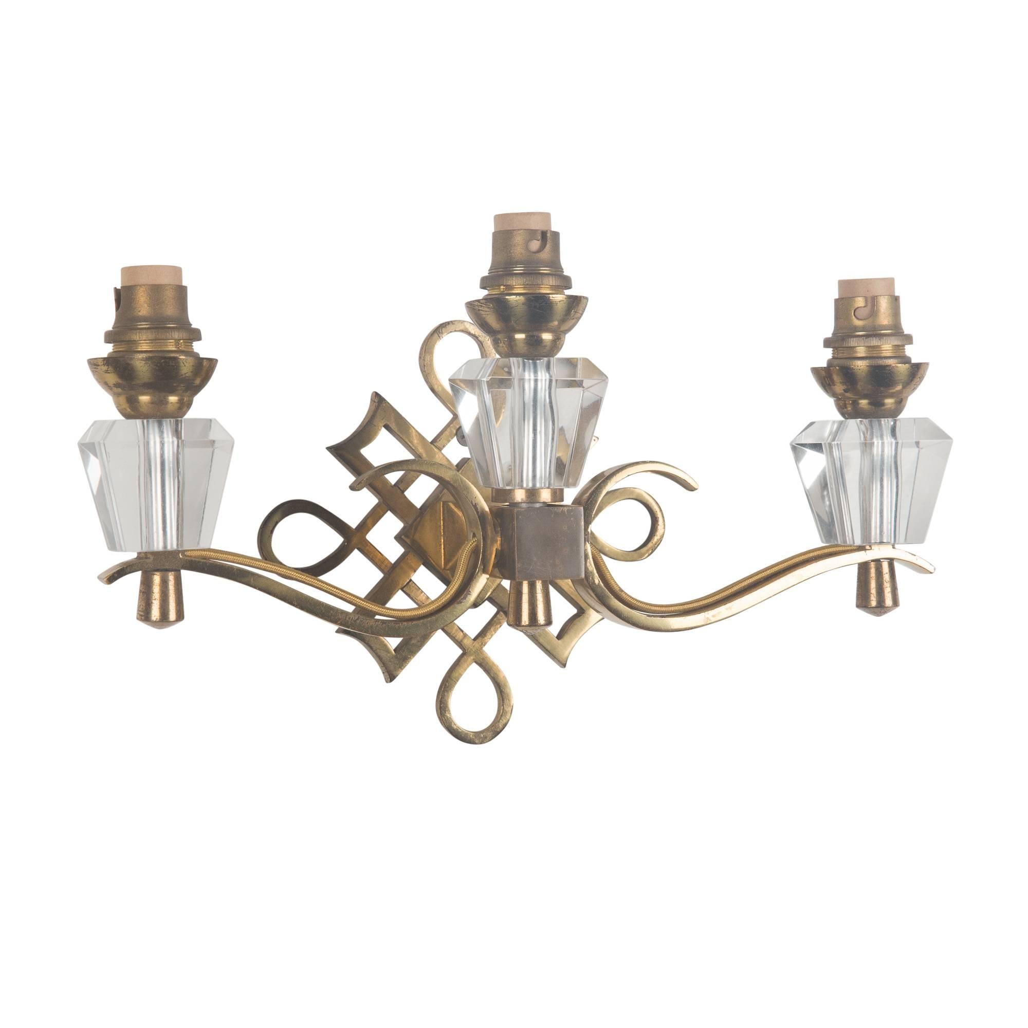 Jules Leleu Style Three Light Wall Sconces, French, 1930s In Excellent Condition For Sale In Brooklyn, NY