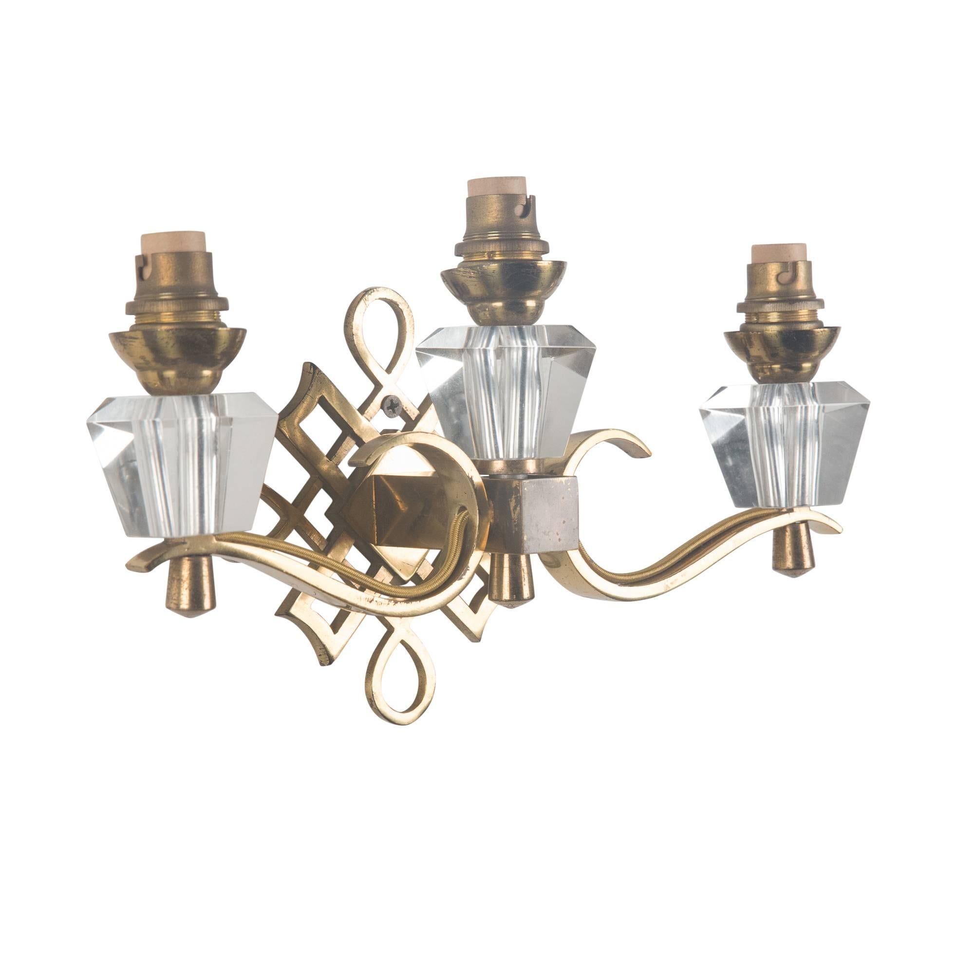 Mid-20th Century Jules Leleu Style Three Light Wall Sconces, French, 1930s For Sale