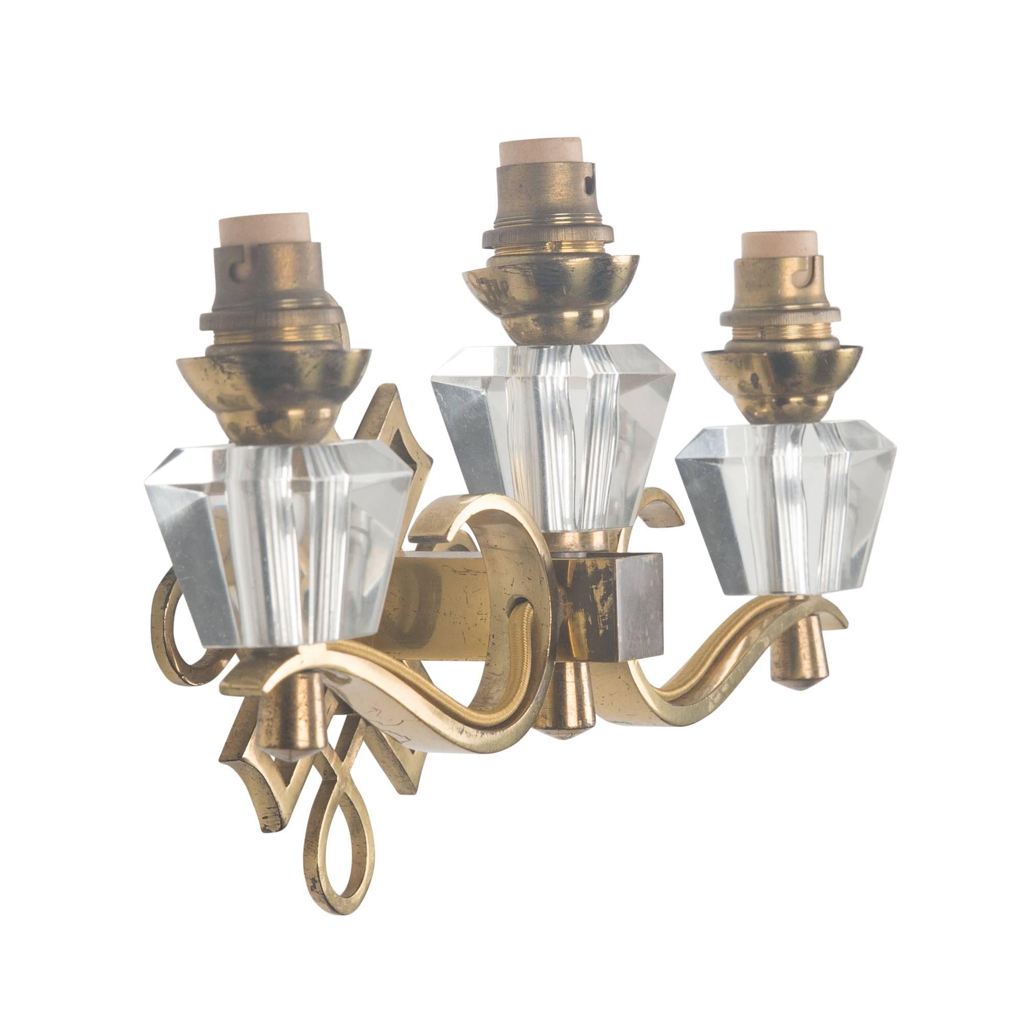 Bronze Jules Leleu Style Three Light Wall Sconces, French, 1930s For Sale