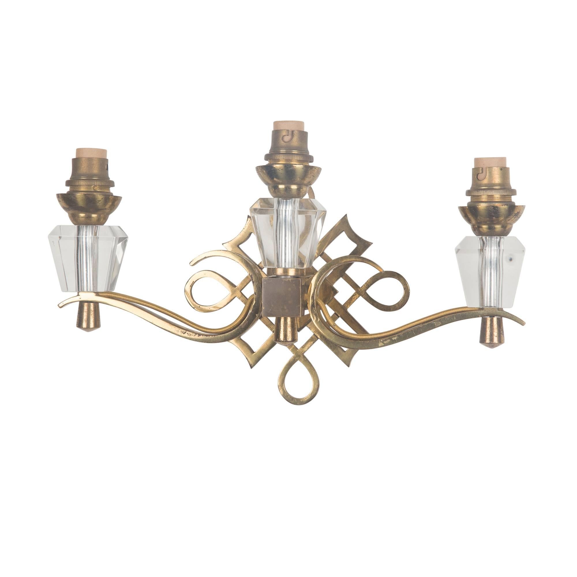 Jules Leleu Style Three Light Wall Sconces, French, 1930s For Sale 1