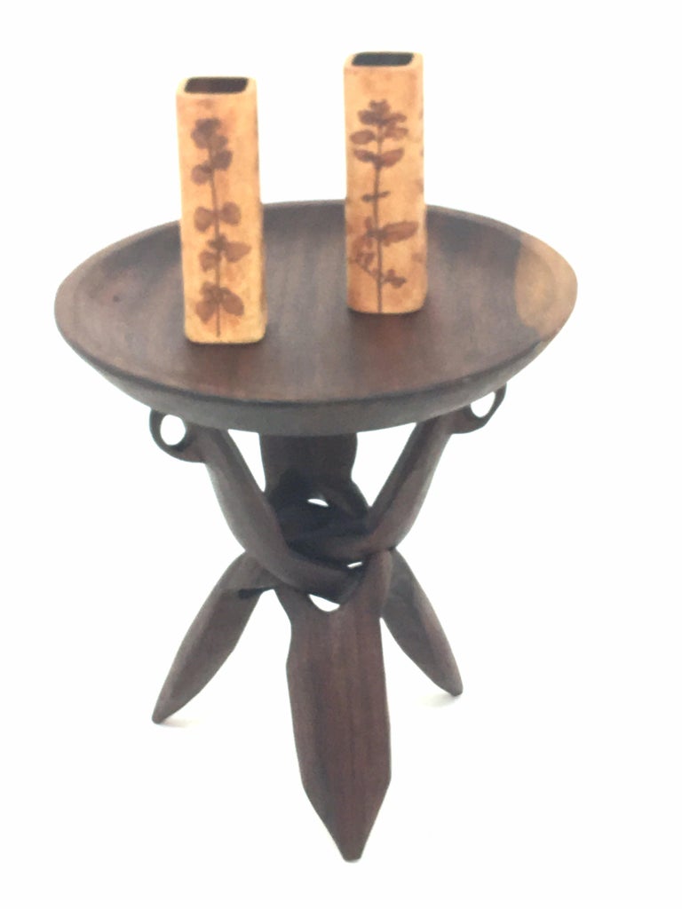 Pedestal Table, African 1960, in Solid Wood, with Tripod Feet, Brown
