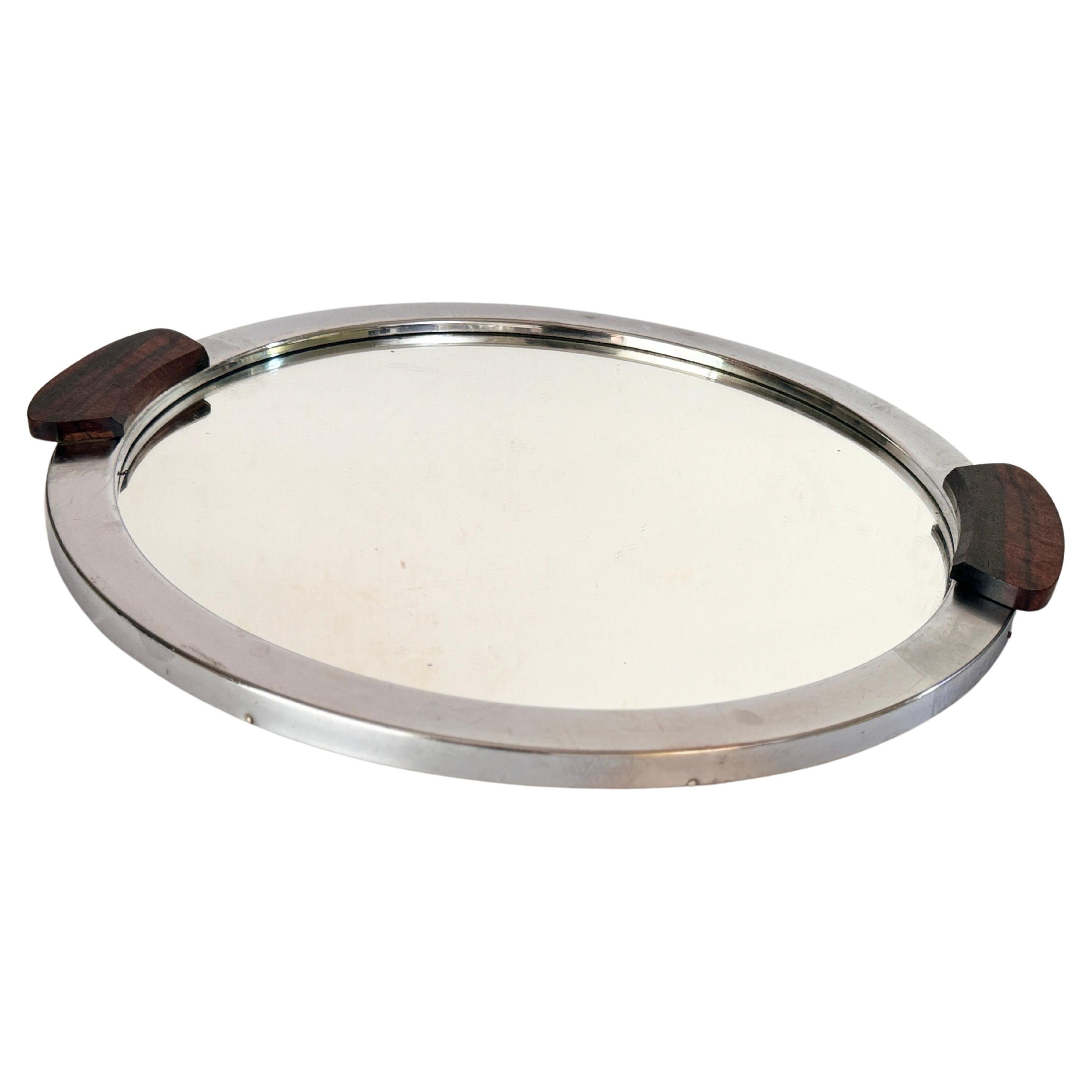 Art Deco Platter Tray Metal and Brown Wood Handles and Mirror, France, 1930 For Sale
